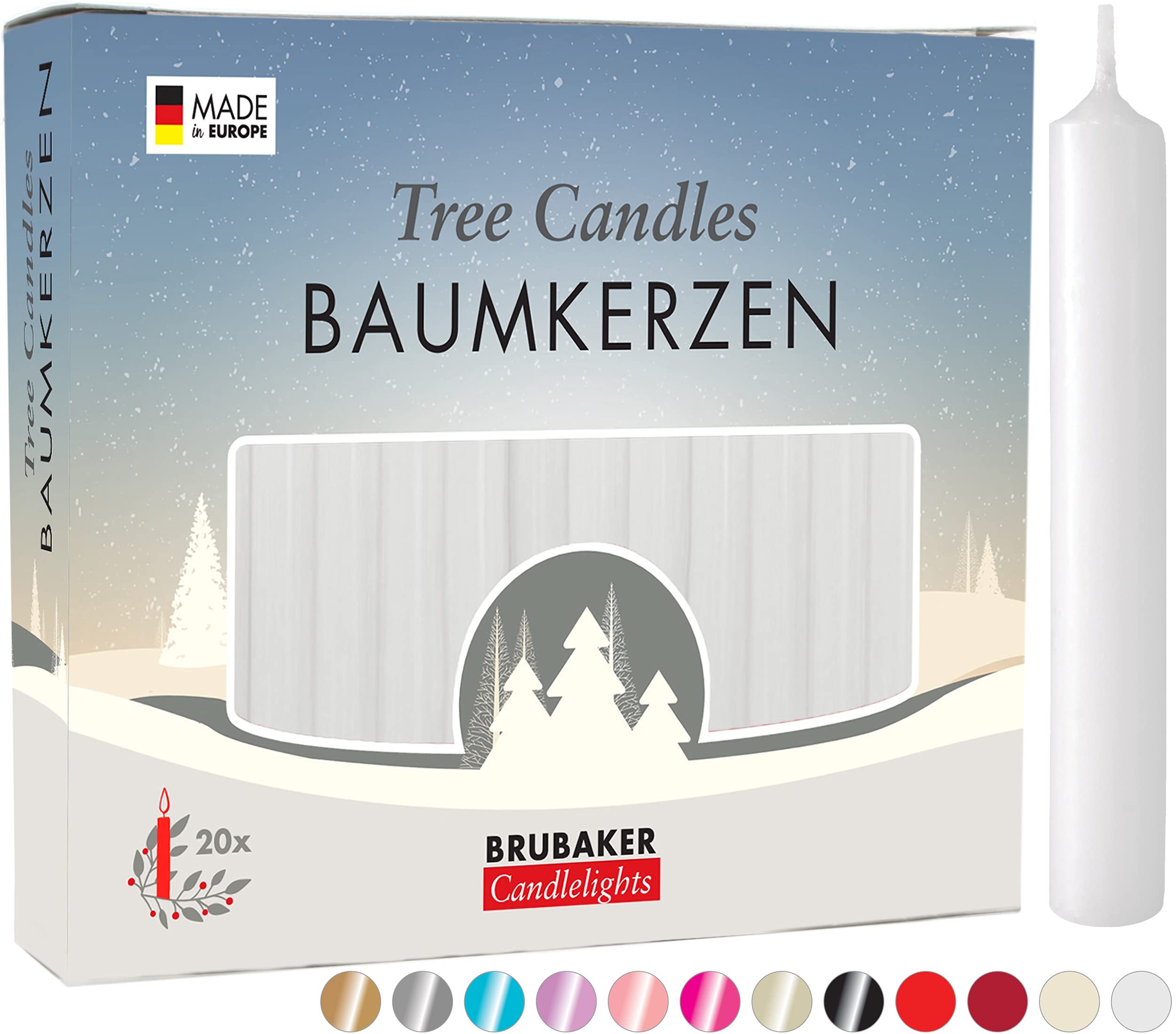 BRUBAKER Tree Candles - Pack of 20 - White - 3 x  Inches (9.5 x 1.27cm) - Made in Europe - Pyramids, Carousels & Chimes