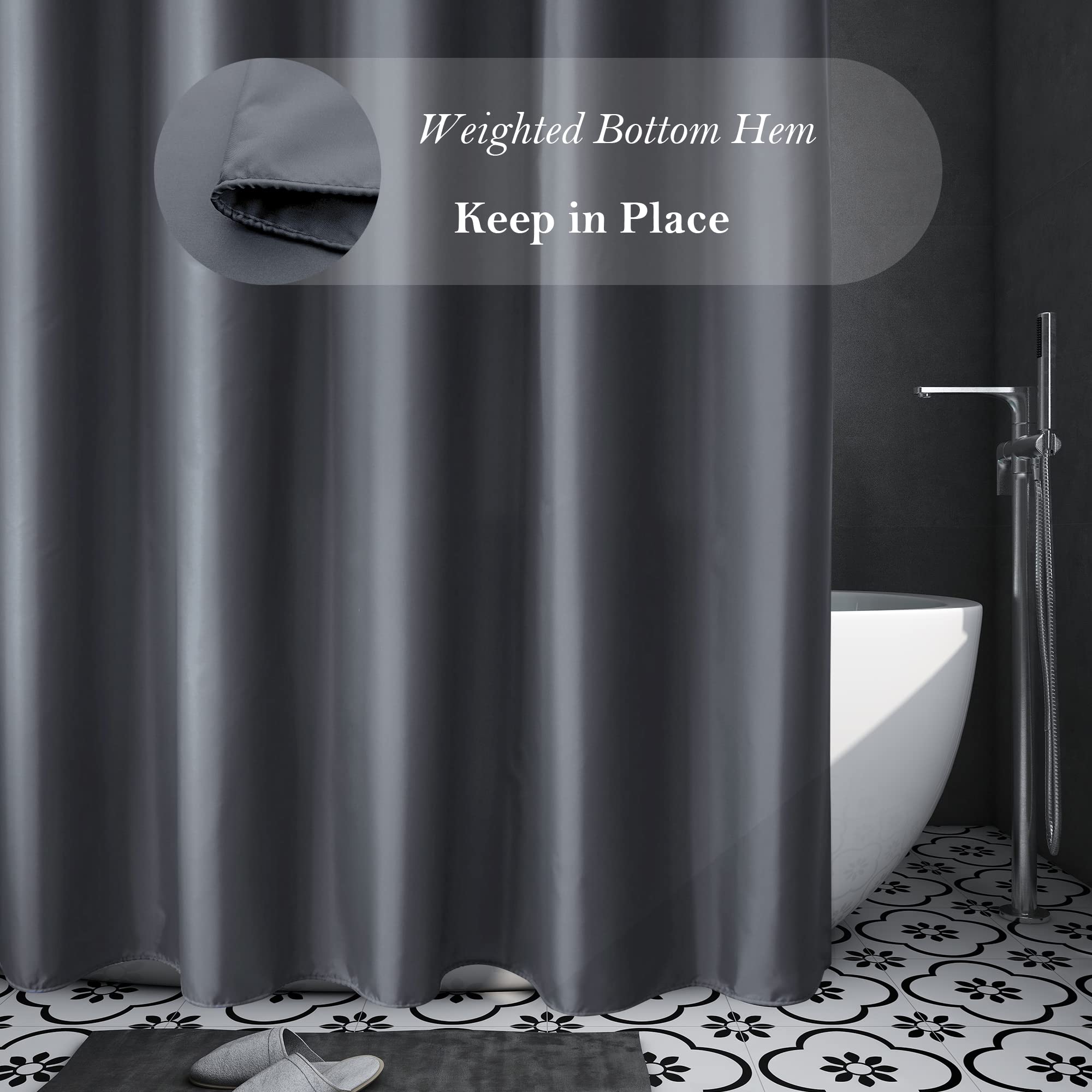 Aoohome Extra Long Shower Curtain 72 Width X 84 Height Inch, Solid Fabric Shower Curtain Liner For Hotel, Waterproof, Dark Grey