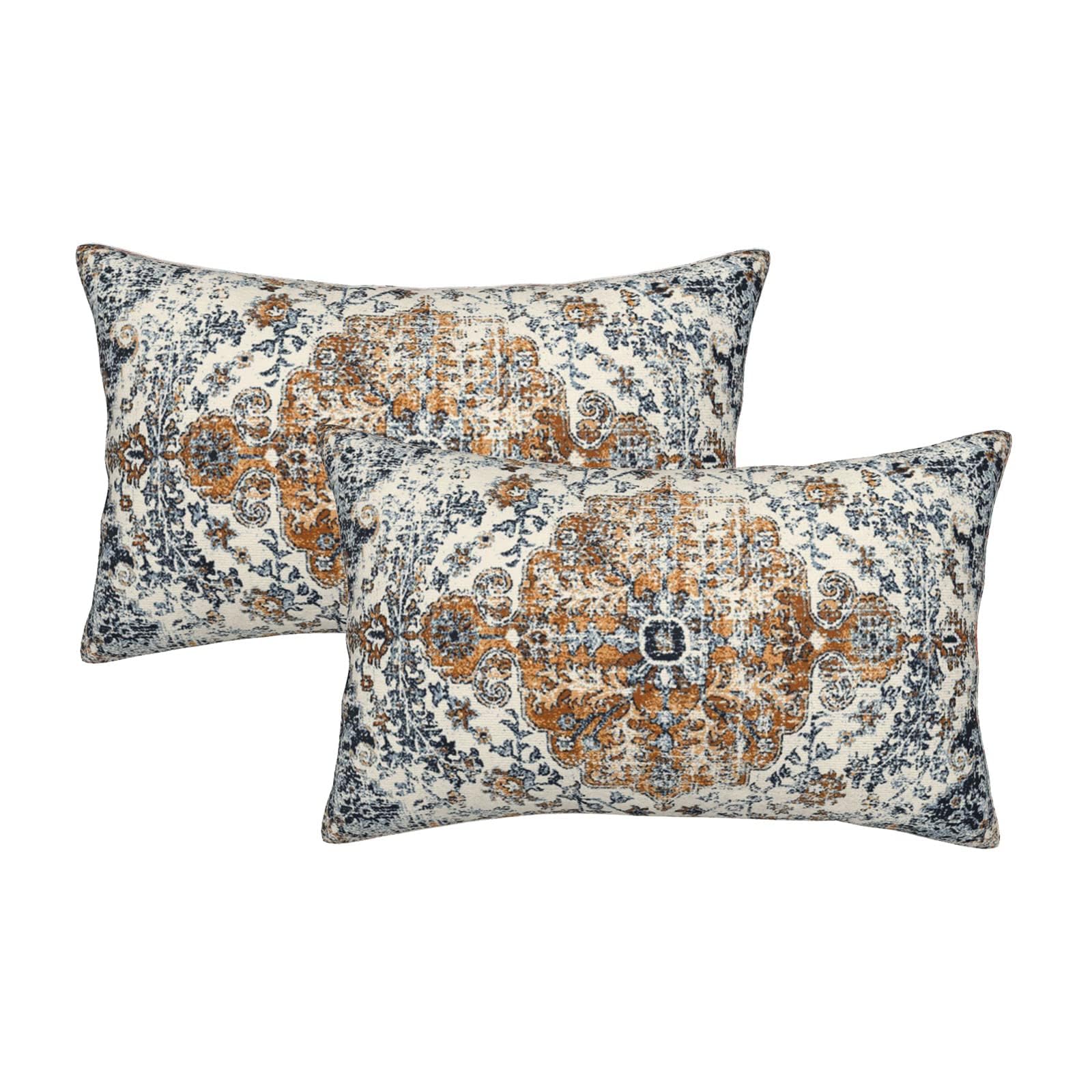 Sunshineyan Gold Blue Boho Throw Pillow Covers 12X20 Set Of 2, Carpet Pattern Pillow Covers Ethnic Rustic Farmhouse Cushion Case
