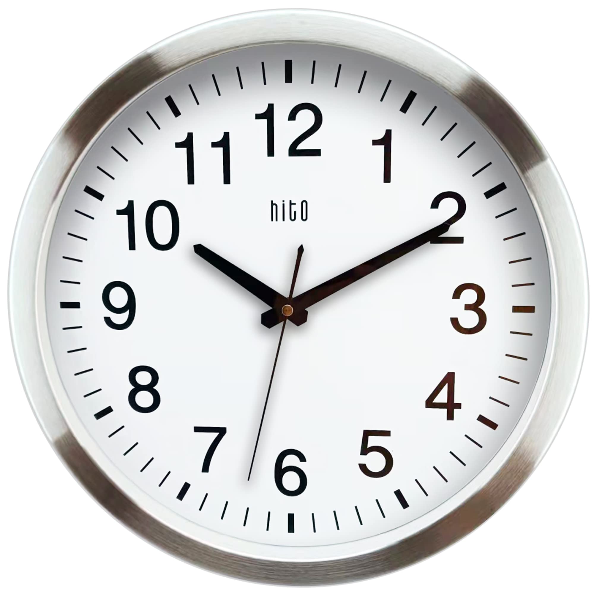 HITO 14 Silent Wall Clock Battery Operated Non Ticking Sweep Movement Glass Cover Silver Aluminum Frame, for Kitchen, Bedroom, H