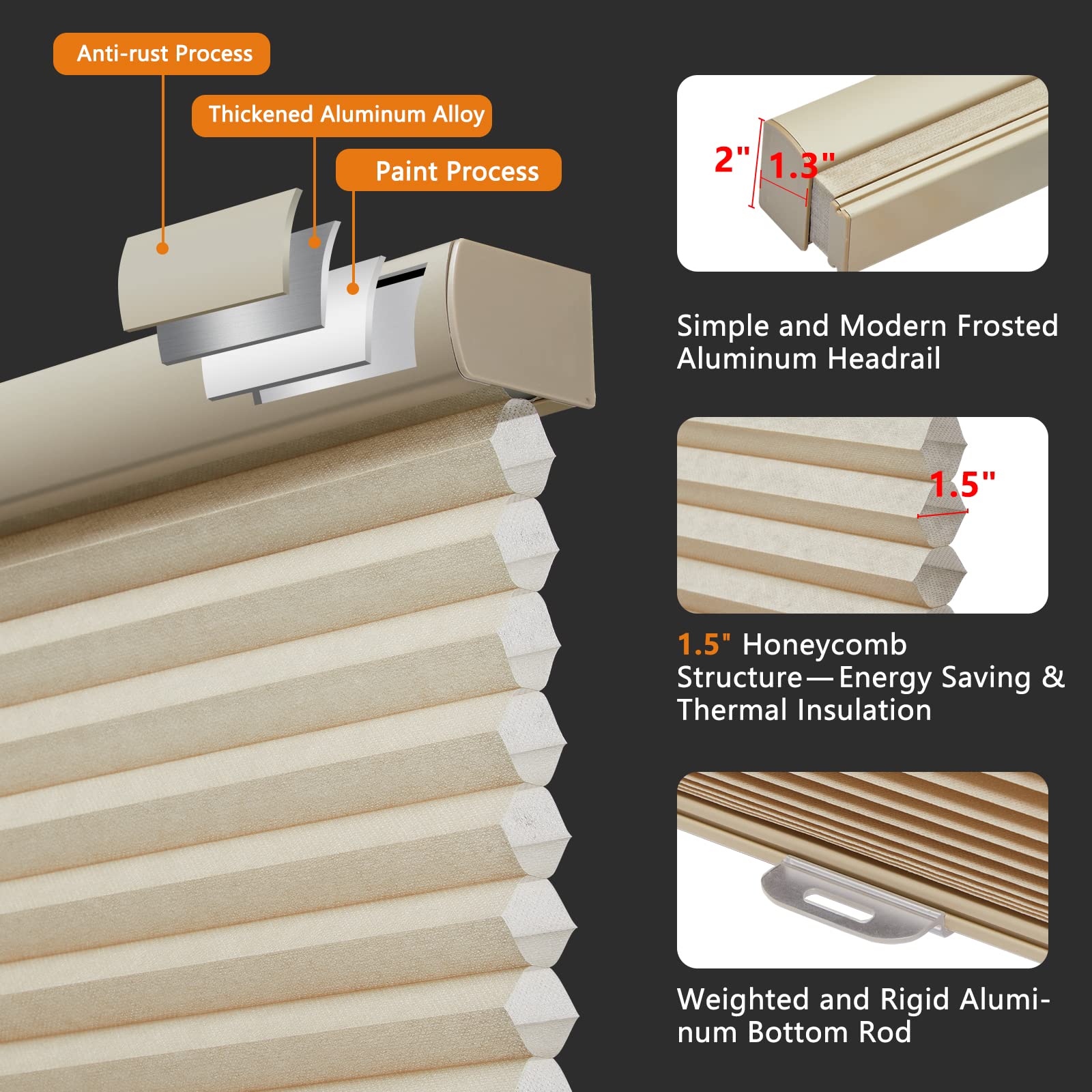 Persilux Light Filtering Cellular Shades Cordless Window Shades For Home Room Darkening Accordion Blinds For Door Home, Sun Beig