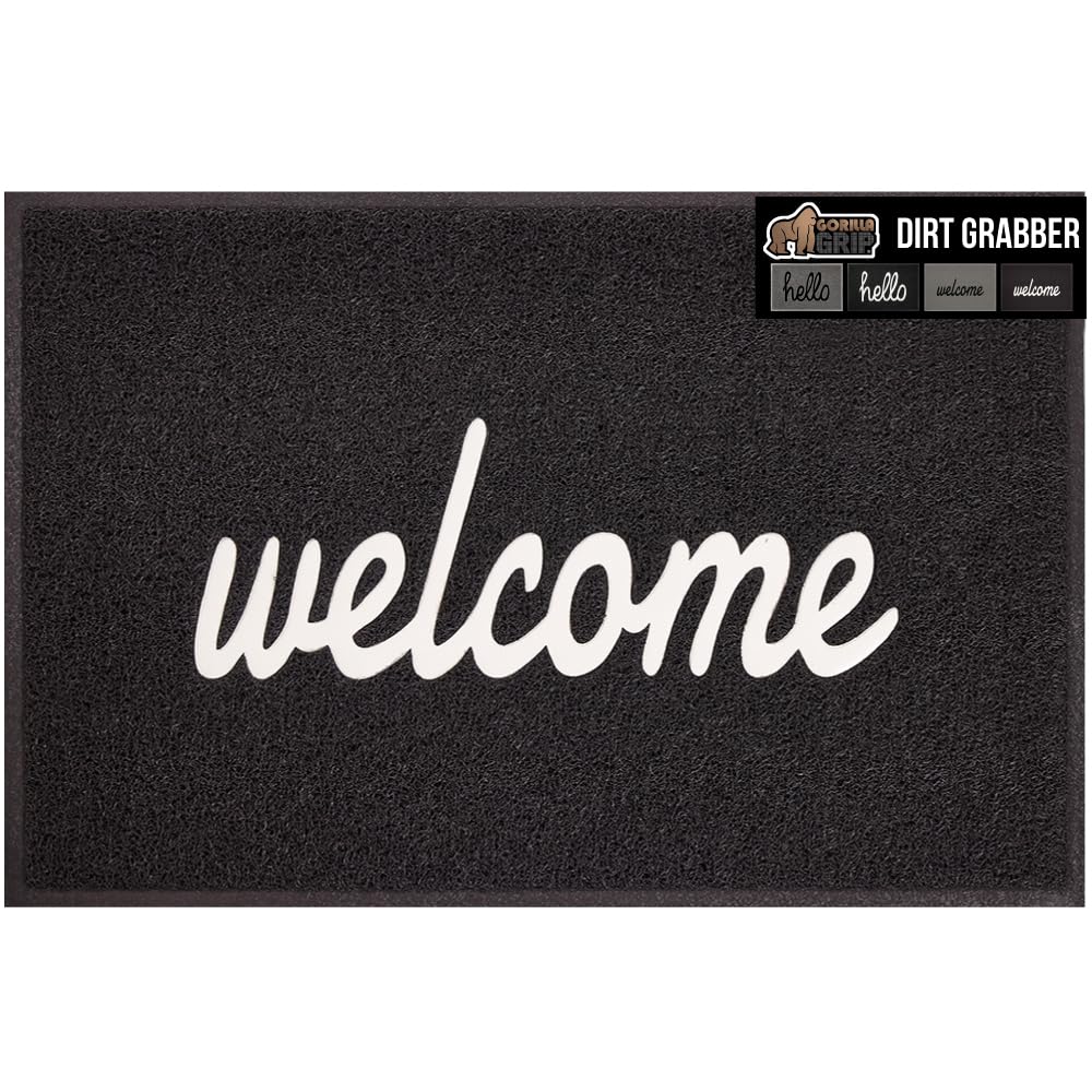 Gorilla Grip 100% Water Resistant 47X35 All Weather Hello Door Mat, Dirt Grabber Mesh Welcome Doormat, Stain And Fade Resistant, Low Profile Entryway Mats For Home Front Or Back Entrance, Gray/Black