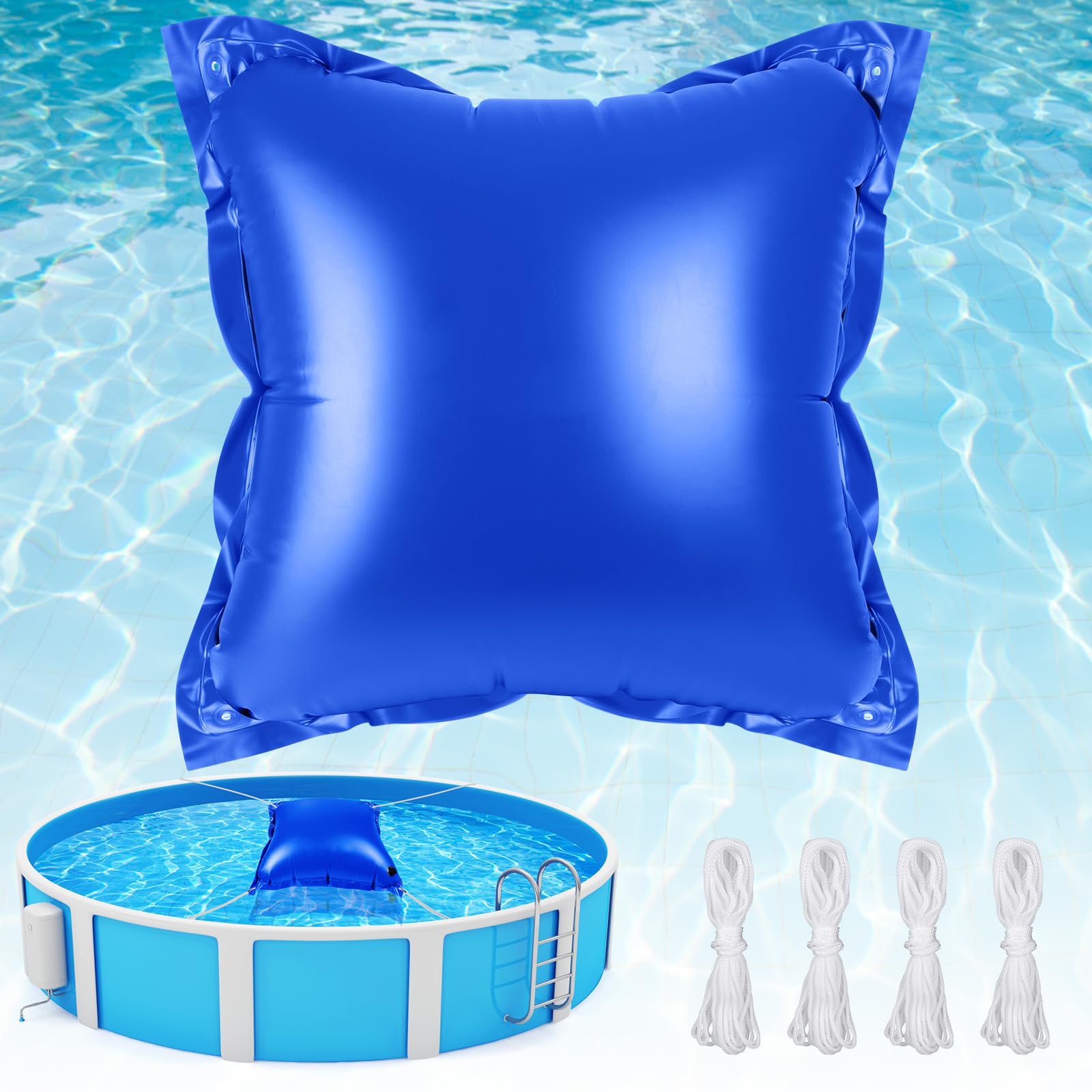 Angooni 4X4 Heavy-Duty Pool Pillow With 4X20Ft Ropes - 0.4Mm Thick Pvc Pool Pillows For Winter With Boston Dual-Inflation Valve,