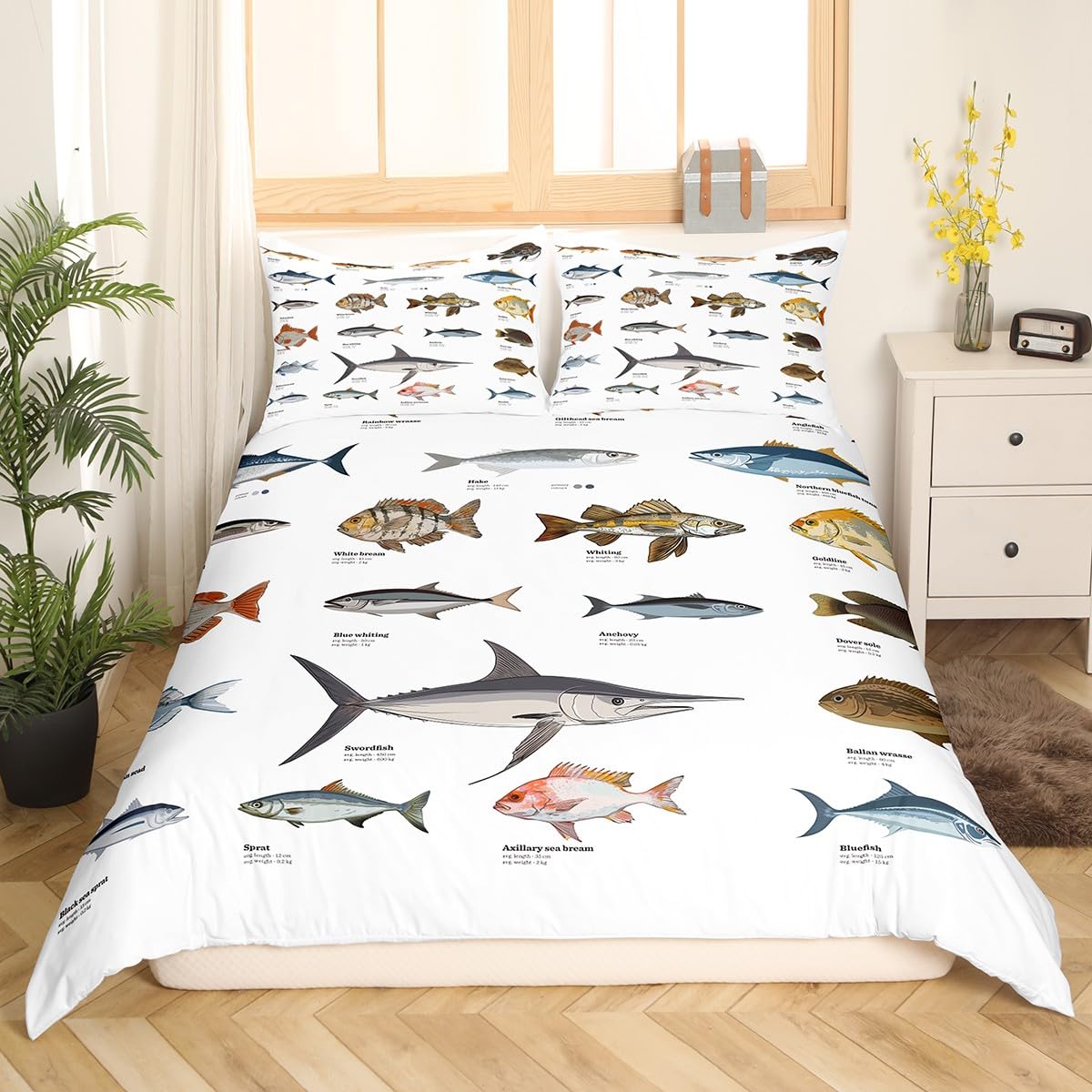 Bass Fish Bedding Sets Queen Size Boys Teens Kids Ocean Theme Bedspread Cover,Big Pike Fish Duvet Cover Sea Animal Print Bedding