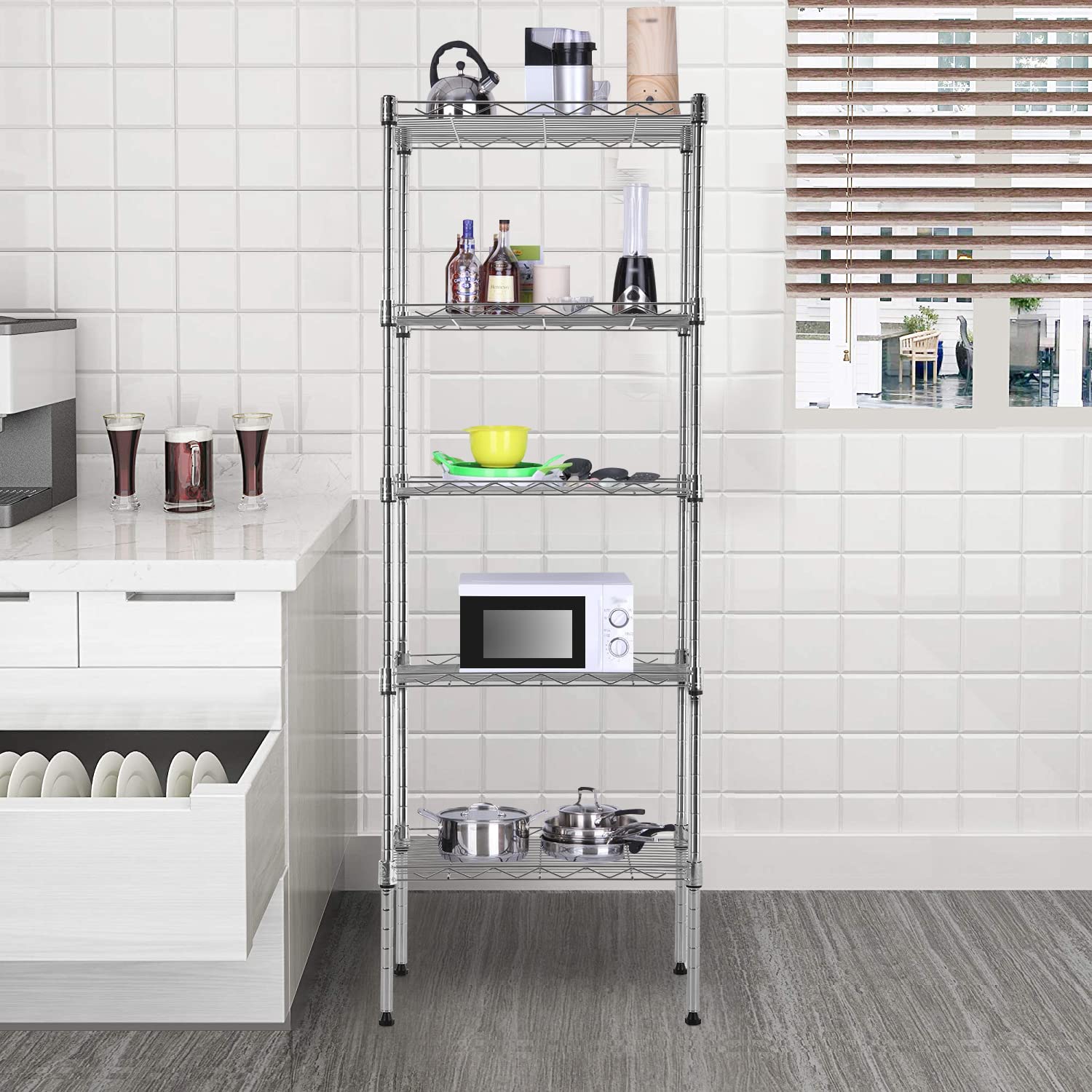 Adjustable Nsf-Certified Metal Shelf Wire Shelving Unit Storage For Small Places Restaurant Garage Pantry Kitchen Garage Rack (Chrome, 16.7L×11.8W×47.6H)