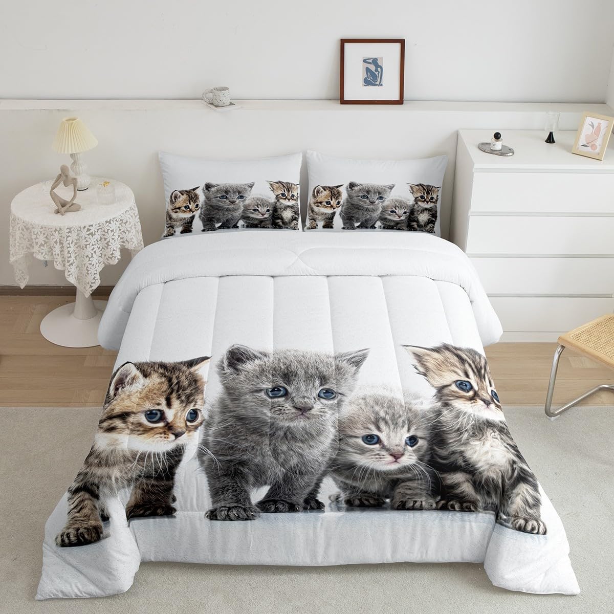 Little Cat Bedding Set Lovely Pet Cats Comforter Cat Lover'S Animal Themed Design Comforter Set For Boys Girls Kids Room Decor C