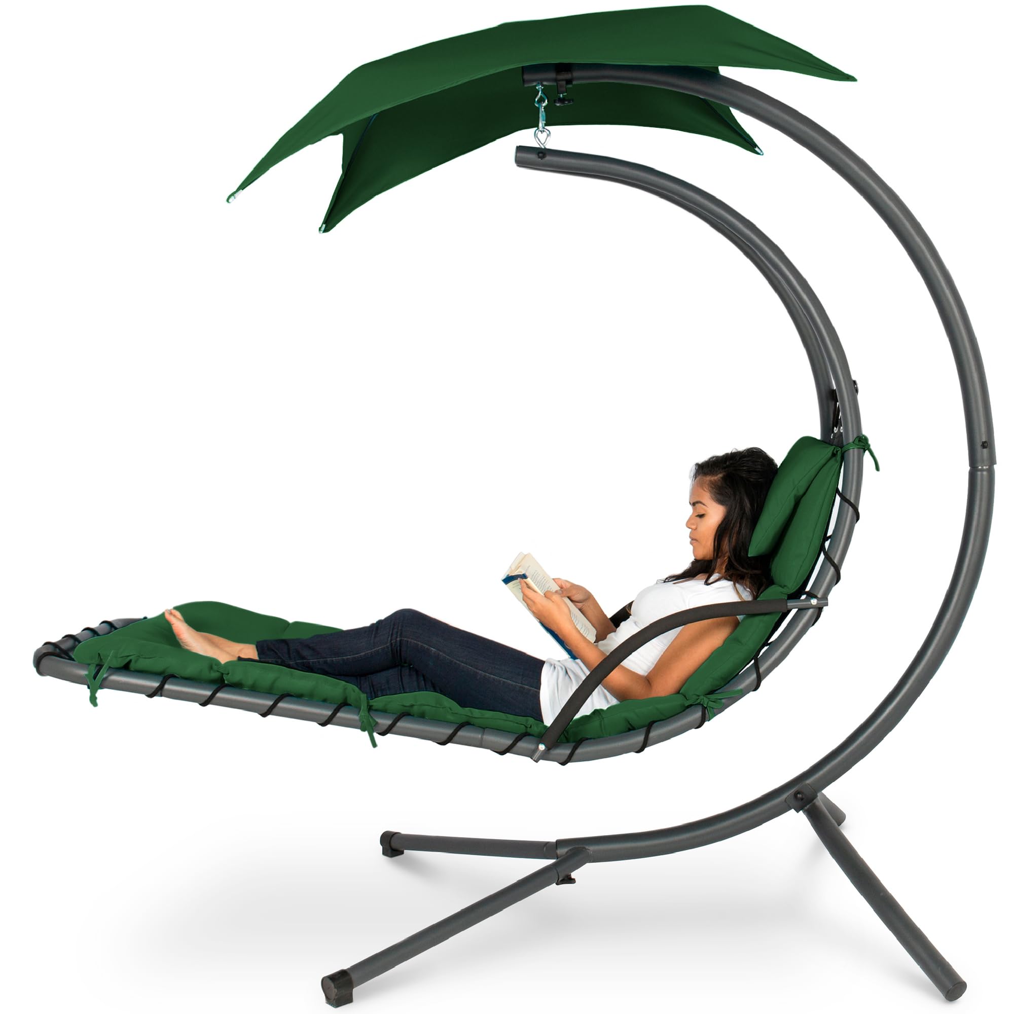 Best Choice Products Outdoor Hanging Curved Steel Chaise Lounge Chair Swing w/Built-in Pillow and Removable Canopy - Green