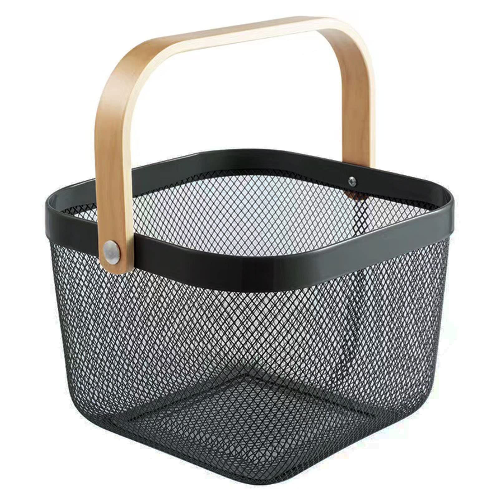 Ajioda Metal Mesh Steel Basket, Storage Organizer Basket MultiFunctional Hanging Kitchen Baskets Fruit Basket Bin With Bamboo H