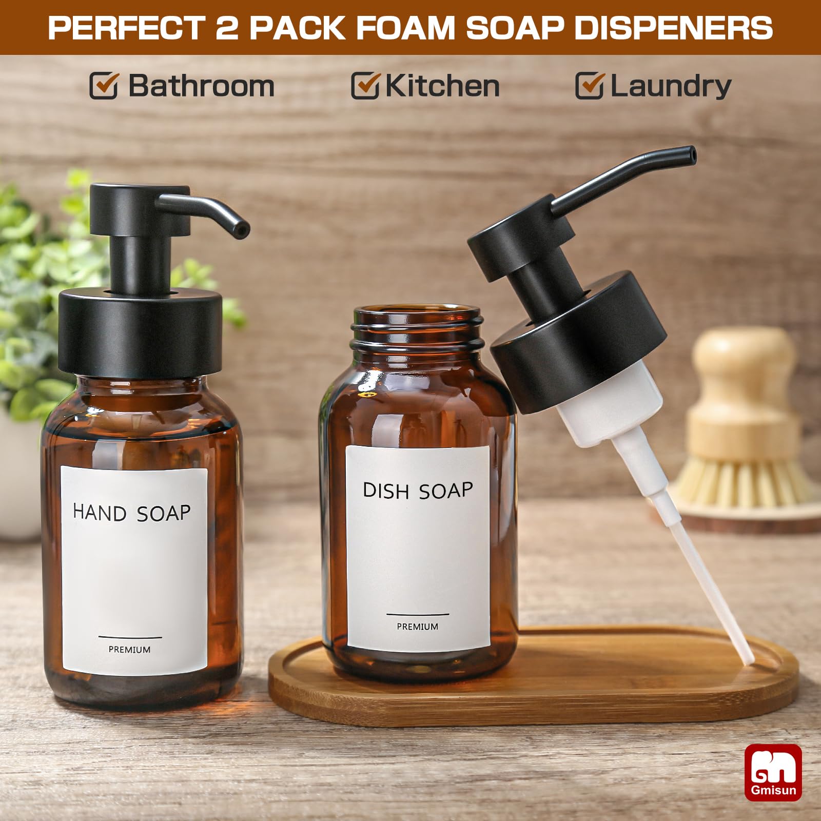 Gmisun Foaming Soap Dispenser, 8.5 Oz Amber Glass Foam Soap Dispenser For Bathroom & Kitchen, 2 Pack Modern Refillable Foaming H