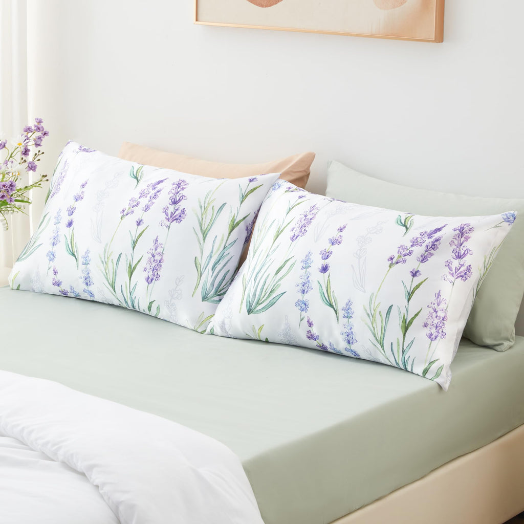 Exq Home Satin Pillowcase For Hair And Skin - Lavender Printed Silk Pillowcase 2 Pack 20X26 Inches - Standard Size Satin Pillow