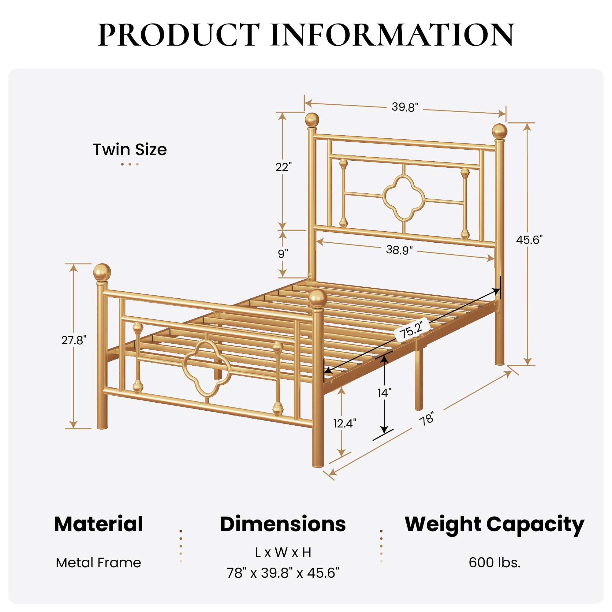 Sha Cerlin 14 Inches Twin Size Metal Platform Bed Frame/Vintage Iron-Art Headboard And Footboard/Mattress Foundation/No Box Spring Needed/Noise-Free/Easy Assembly/Gold