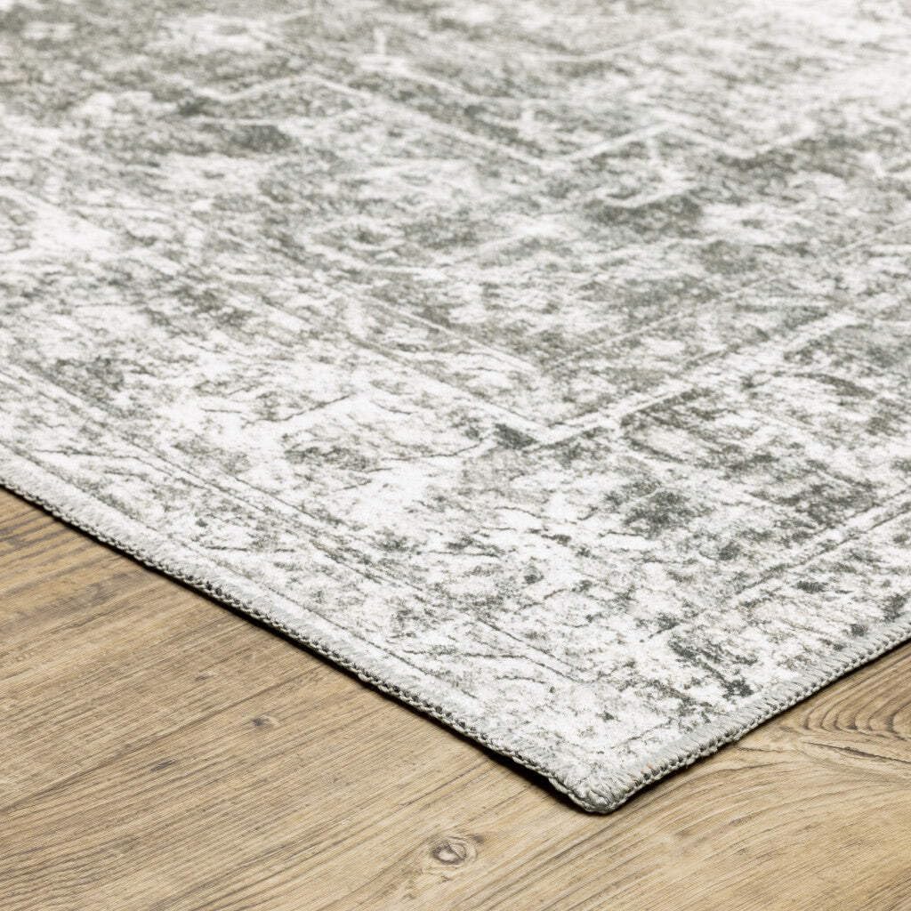 HomeRoots 510659 8 x 10 ft. Sage Green Gray Ivory & Silver Oriental Printed Stain Resistant Non Skid Rectangle Area Rug