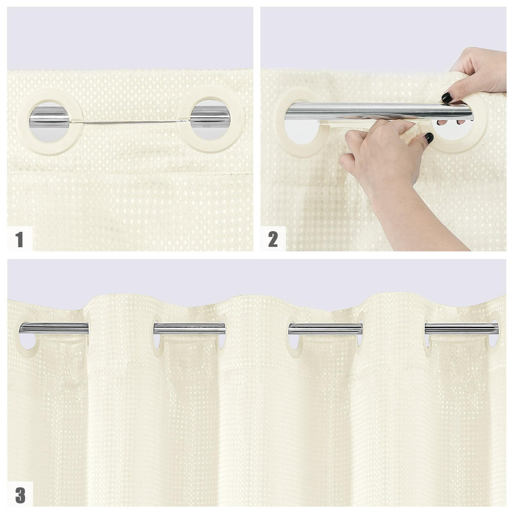 Mitovilla No Hooks Needed Extra Long Shower Curtain Set With Snap-In Liner, Ivory 86 Inch Xl Heavyweight Waffle Fabric Cloth Sho