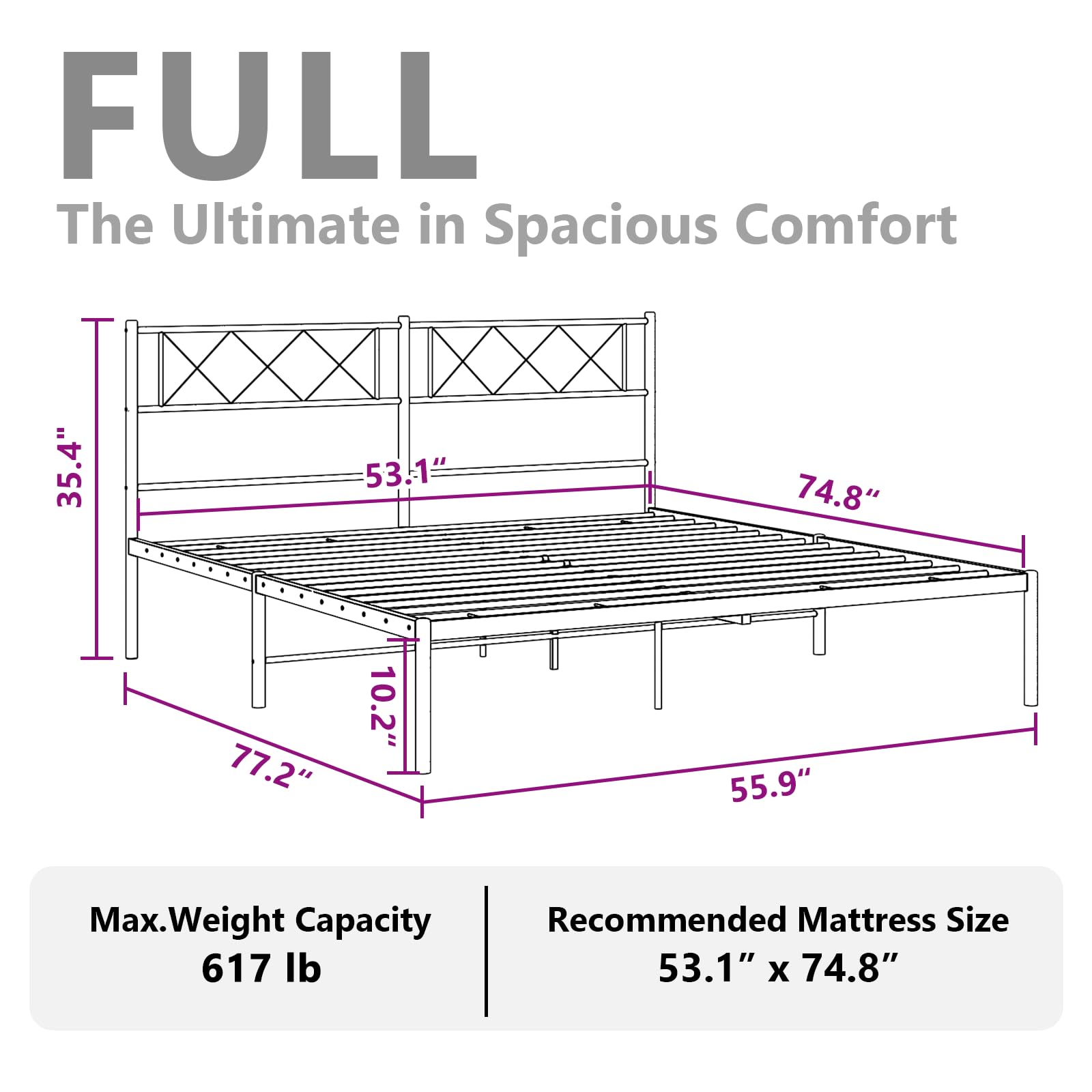 vidaXL 12'' Metal Full Bed Frames with Headboard, Platform Bed Frame with Strong Metal Slats Support, Under Bed Storage, Noise Free, White, Without Mattress
