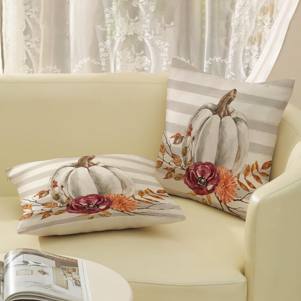 Gohdiwh Fall Pillow Covers 18X18 Set Of 2 Leaf Branch Floral Stripes White Pumpkin Pillowcase Fall Decor Outdoor Throw Pillow Co