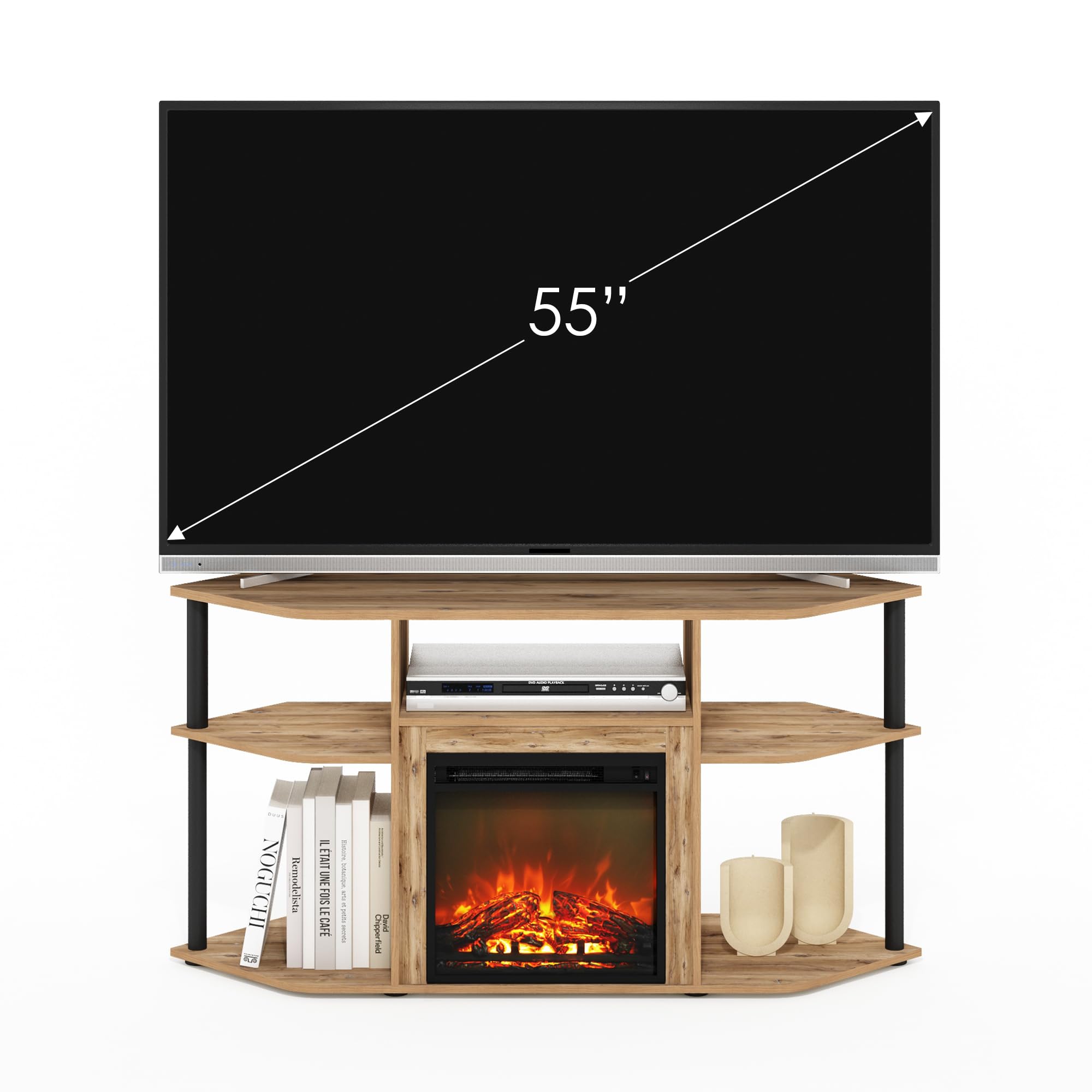 Furinno Jensen Open Storage Corner Fireplace TV Entertainment Center with Plastic Poles for TV up to 55 Inch, Flagstaff Oak/Black