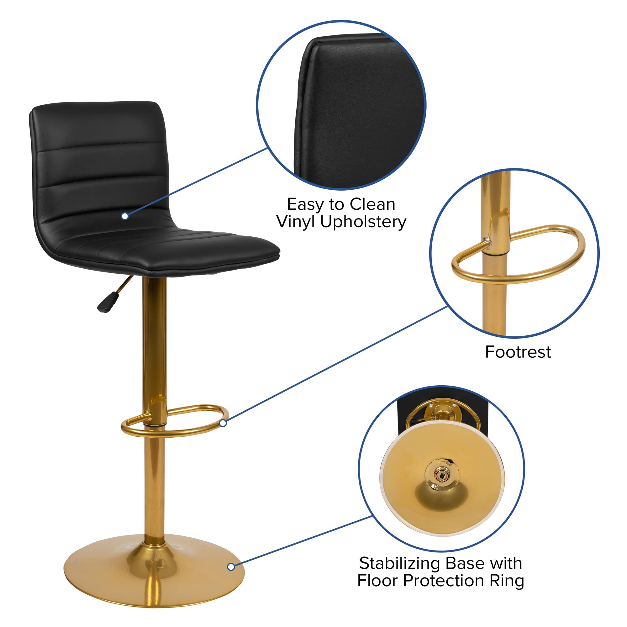 Flash Furniture Vincent Modern Black Vinyl Adjustable Bar Stool With Back, Counter Height Swivel Stool With Gold-Pedestal Base, Set Of 2