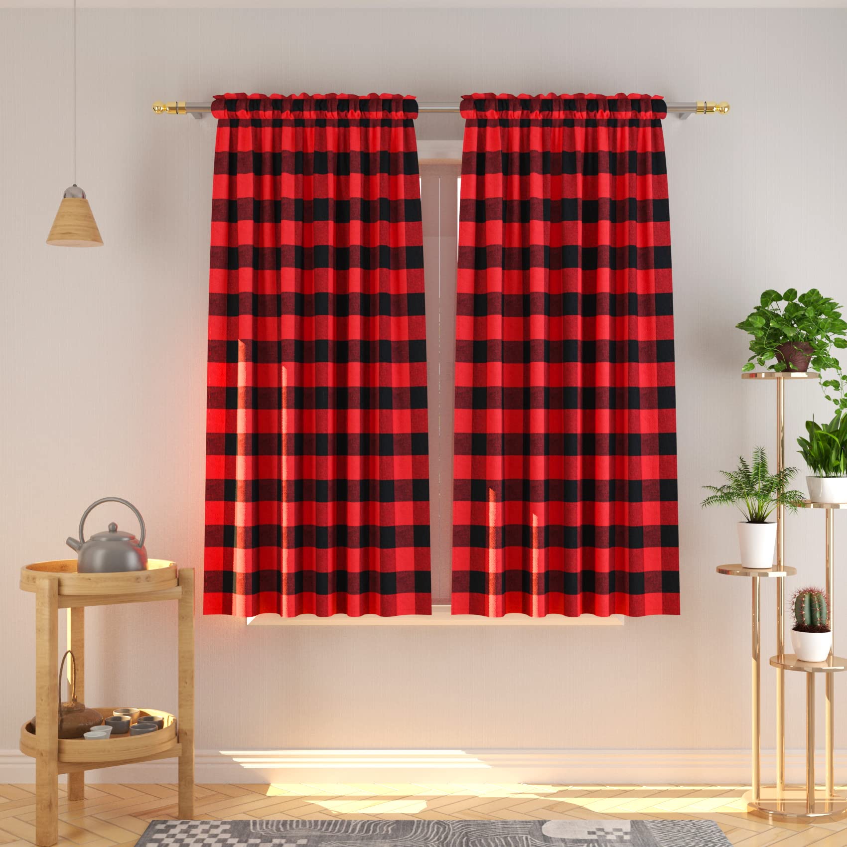 Natus Weaver Cotton Curtains Red And Black Buffalo Gingham Check Curtain Panels 63 Inches Long Living Room Drapes Plaid Checker