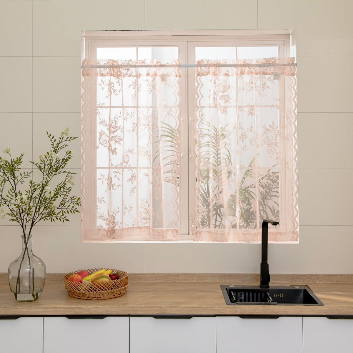 Blush Pink Lace Cafe Curtains 24 Inch Length 2 Panels Set Country Floral Sheer Curtains Rod Pocket Short Kitchen Curtains Decor