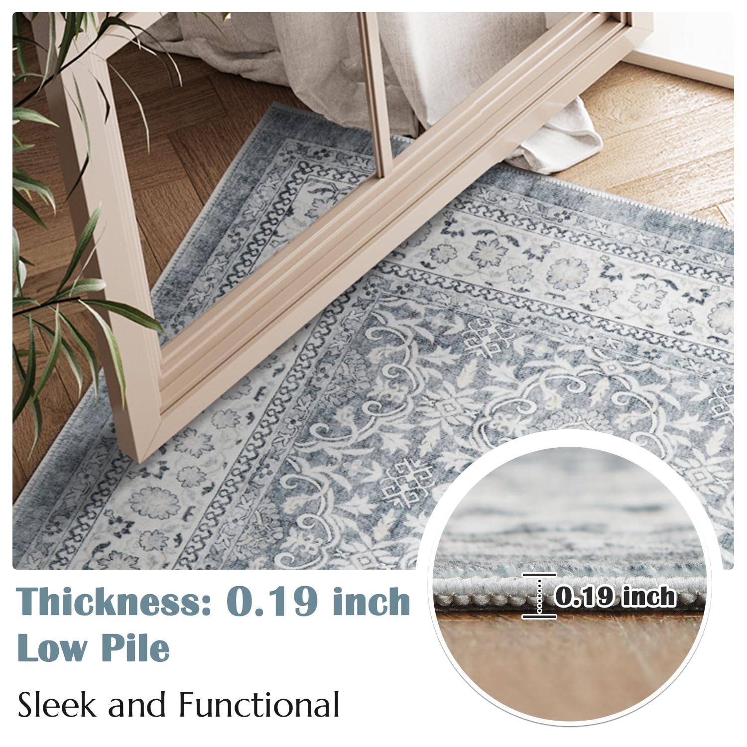 Jinchan Washable Area Rug 3X5 Entryway Low Pile Boho Floral Print Rug Faux Wool Soft Indoor Doormat Stain Resistant Non-Slip Ult