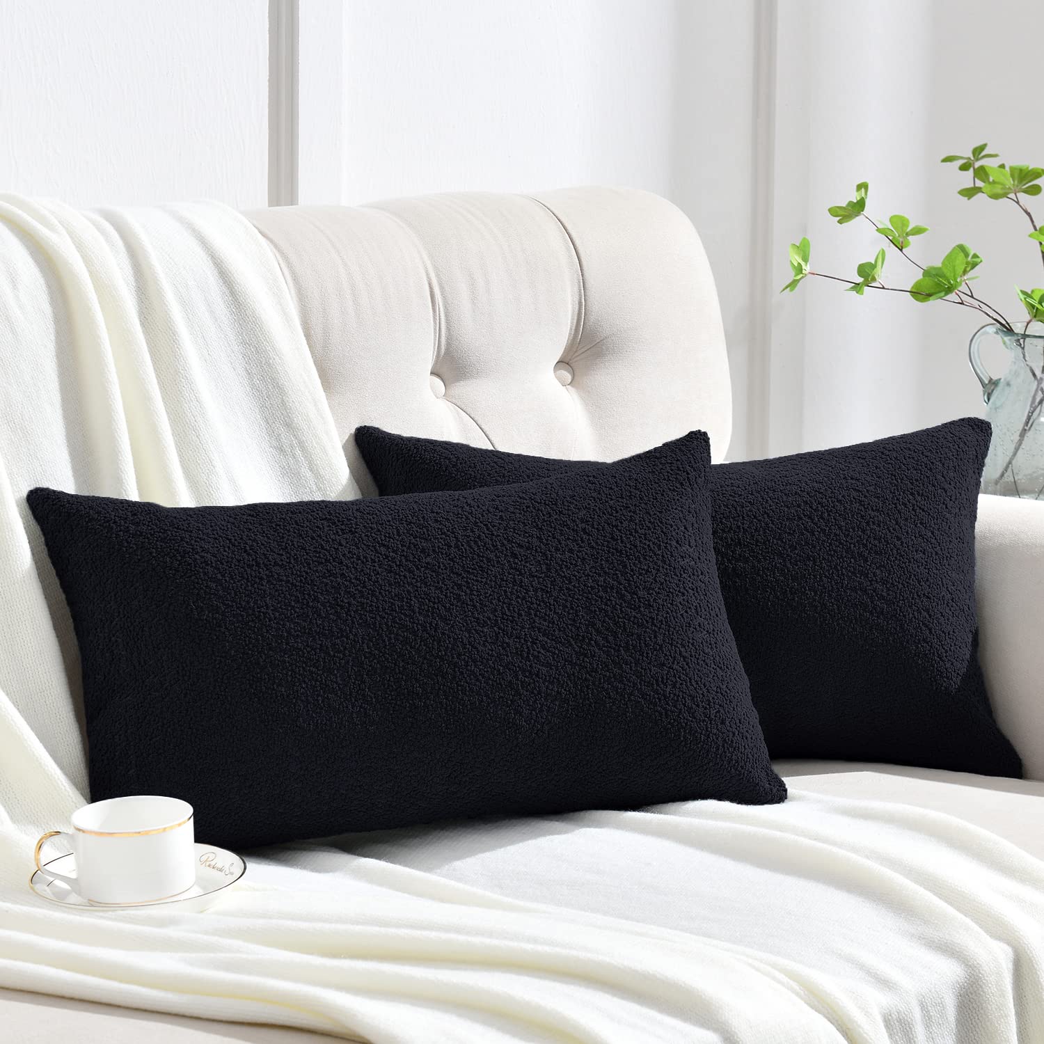 Rythome Set Of 2 Cozy Boucle-Like Textured Lumbar Pillow Covers For Couch And Bed - 12'X20', Black