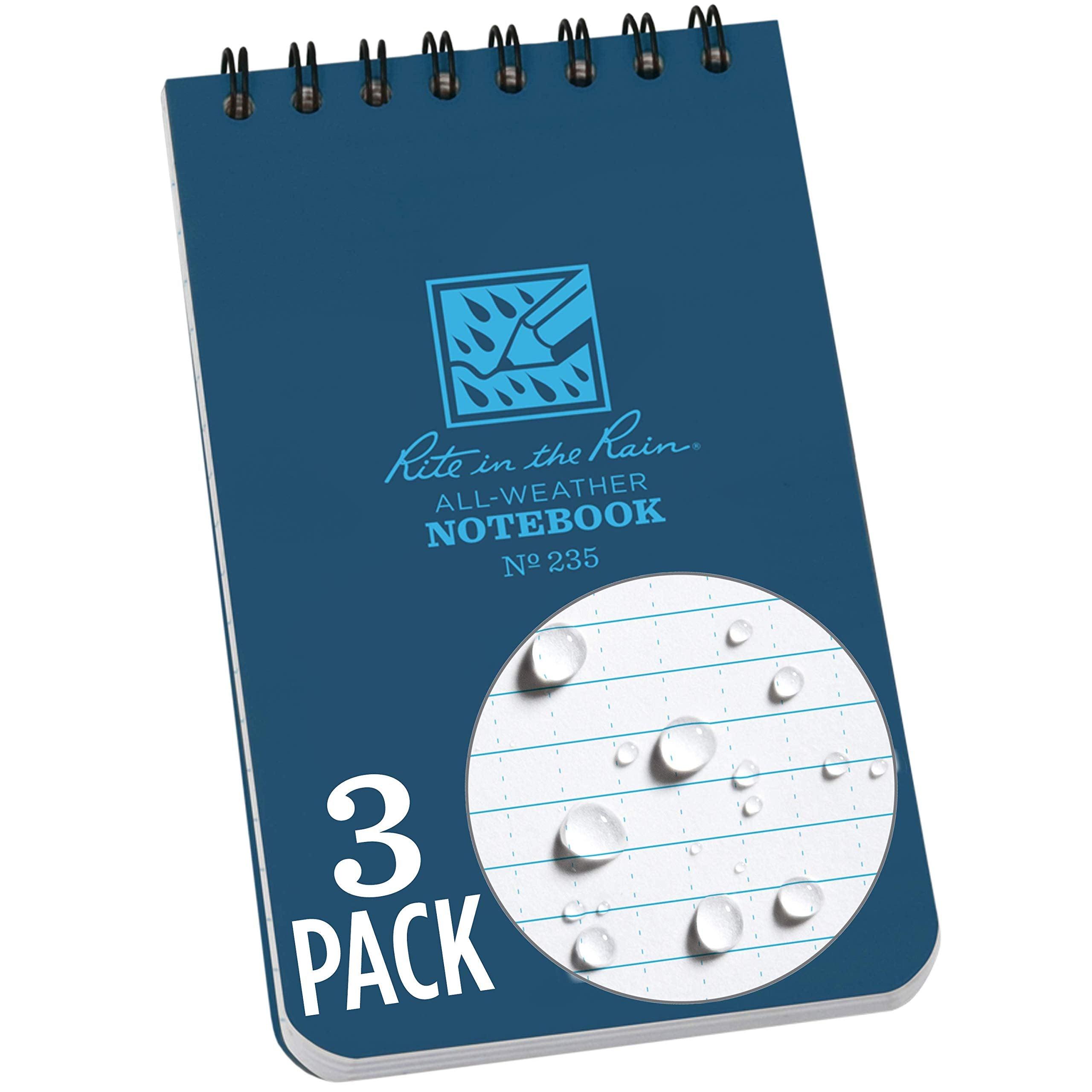 Rite In The Rain Weatherproof Top Spiral Notebook, 3' X 5', Blue Cover, Universal Pattern, 3 Pack (No. 235-3X)