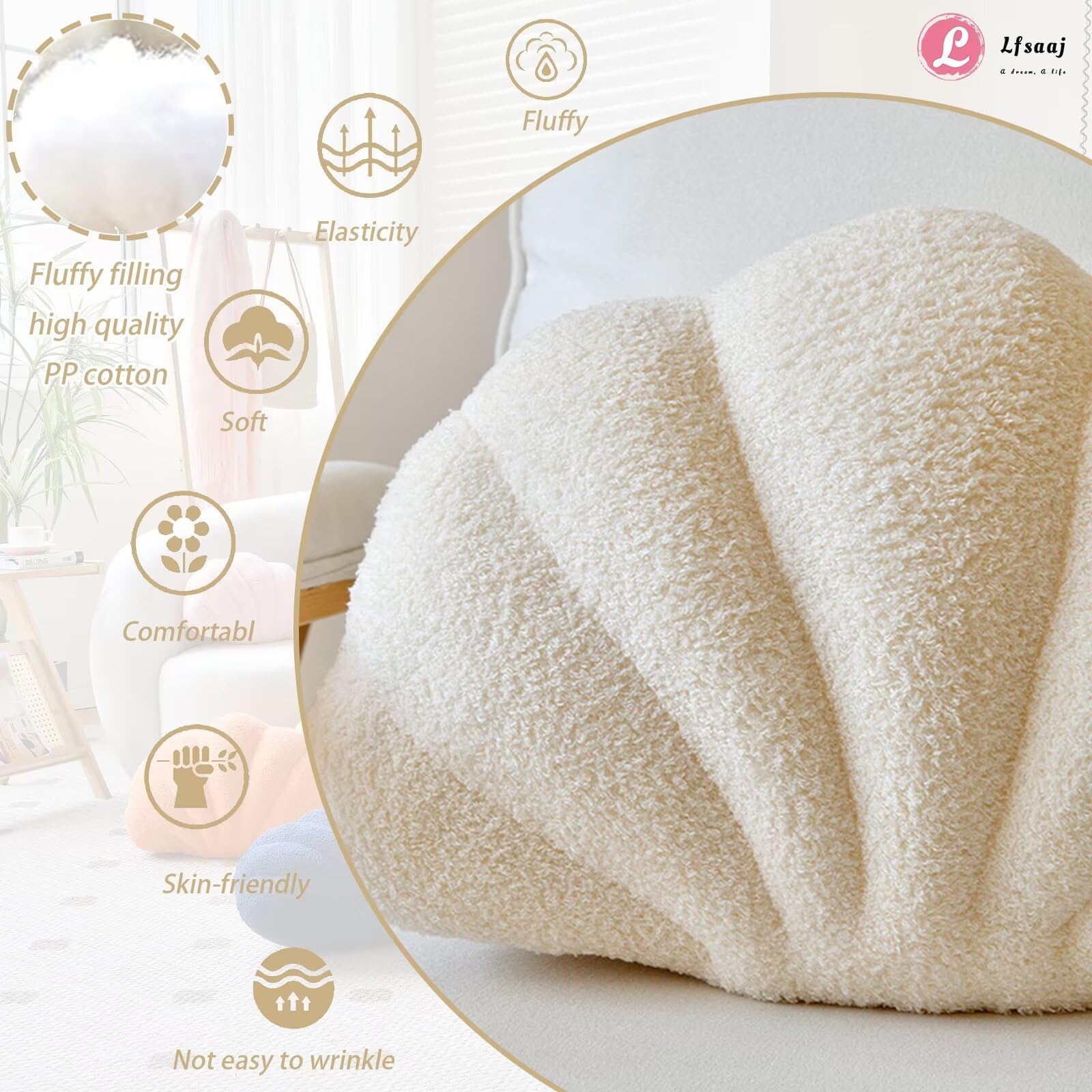 Lfsaaj Beige Seashell Throw Pillows, Shell Shaped Throw Pillows, 13 Inch Soft Home Decorative Pillow Plush Cushion For Bed Couch