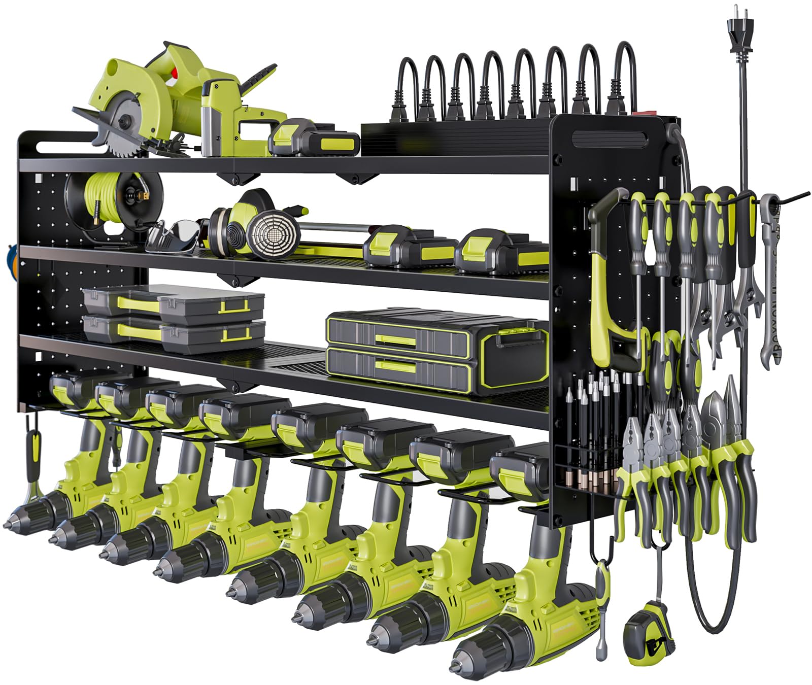Nattydot Power Tool Organizer Wall Mount With Charging Station,Cordless Tool Organizer 8 Drill Holder, 4 Layer Storage Rack For