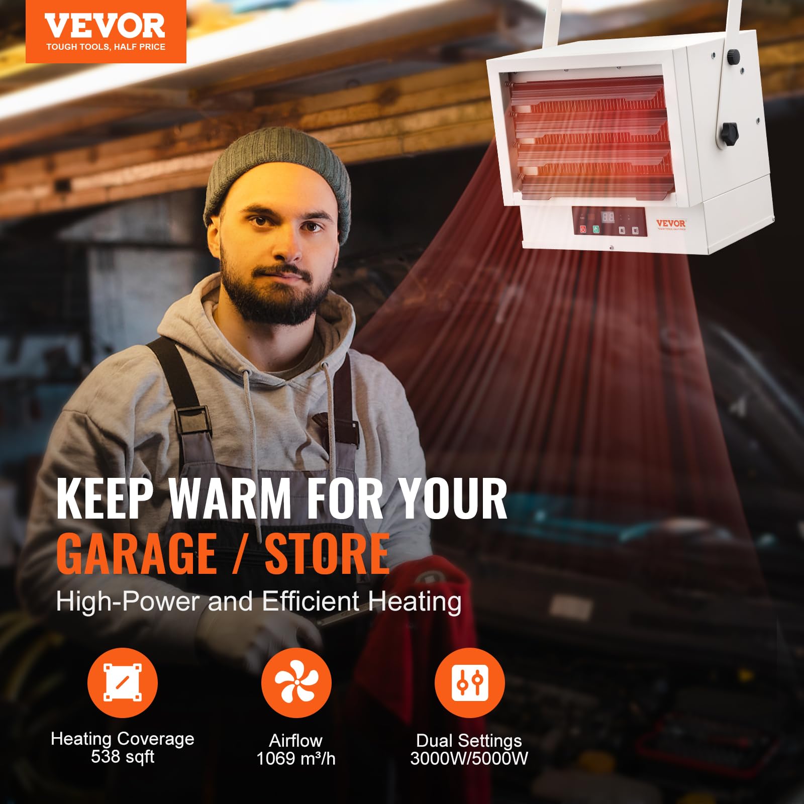 Vevor Electric Garage Heater, 5000-Watt Digital Fan-Forced Wall/Ceiling Mount Shop Heater, With Remote Control Overheat Protecti