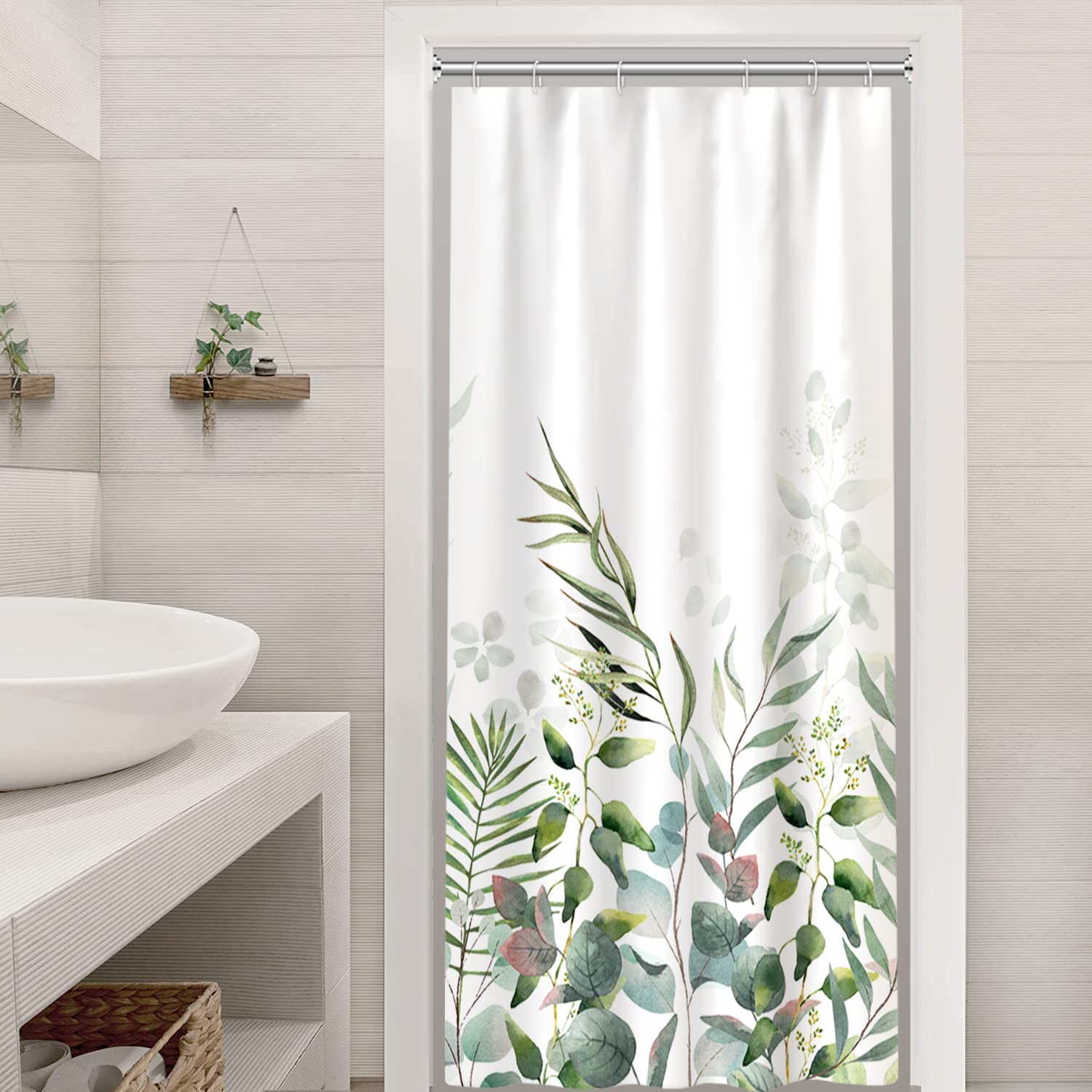 AWERT Stall Shower Curtain Plants for Bathroom,Waterproof Quick-Drying Green Leaves Stall Size Shower Curtain Set with Hooks 36x