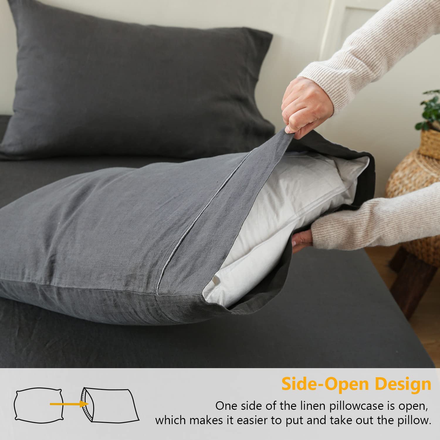 Simple&Opulence 100% Belgian Linen Pillowcase Embroidered-Set Of 2 Queen Size Stone Washed Solid Color-Soft And Durable (Dark Grey, 20''X30'')