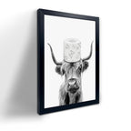 Toilet Paper On Head,Black Framed Funny Animal Prints, Vintage Black and White Rustic Style Cute Bathroom Cow Canvas Art Poster 