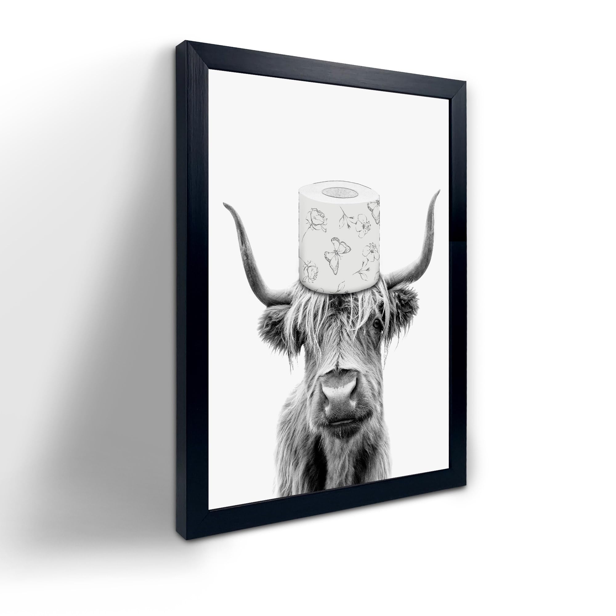 Toilet Paper On Head,Black Framed Funny Animal Prints, Vintage Black and White Rustic Style Cute Bathroom Cow Canvas Art Poster 