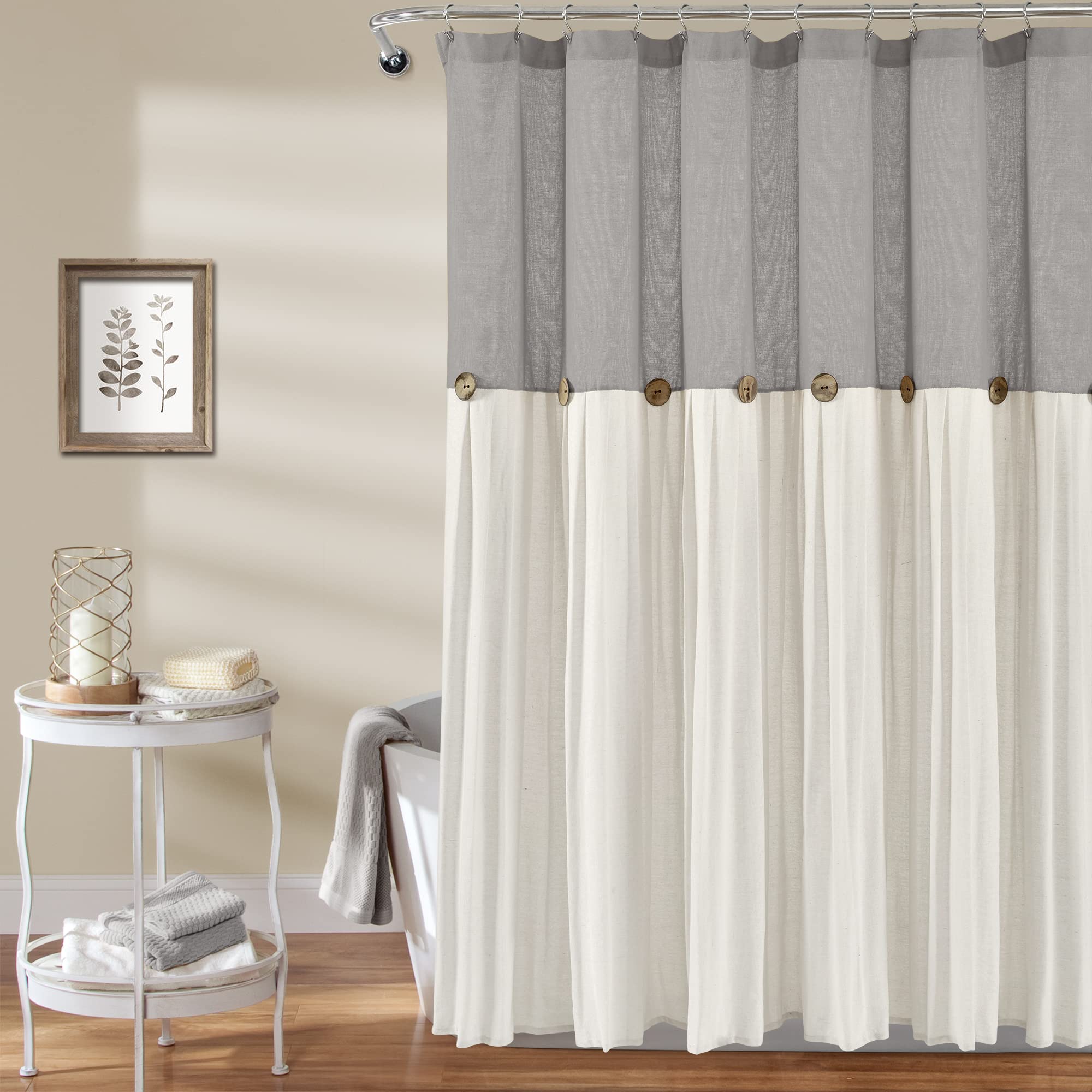 Lush Decor Linen Button Shower Curtain, 72'' x 72'', Gray & White