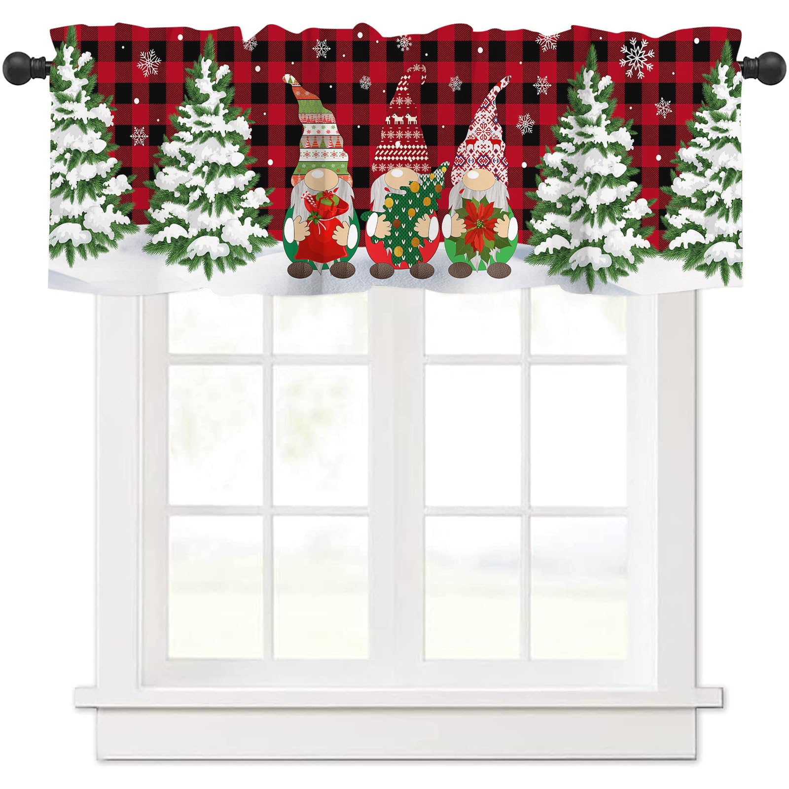 ARESD Christmas Valance for Windows Christmas Gnome Window Toppers Valances Rod Pocket 1 Panel Xmas Tree Red Buffalo Plaid Windo