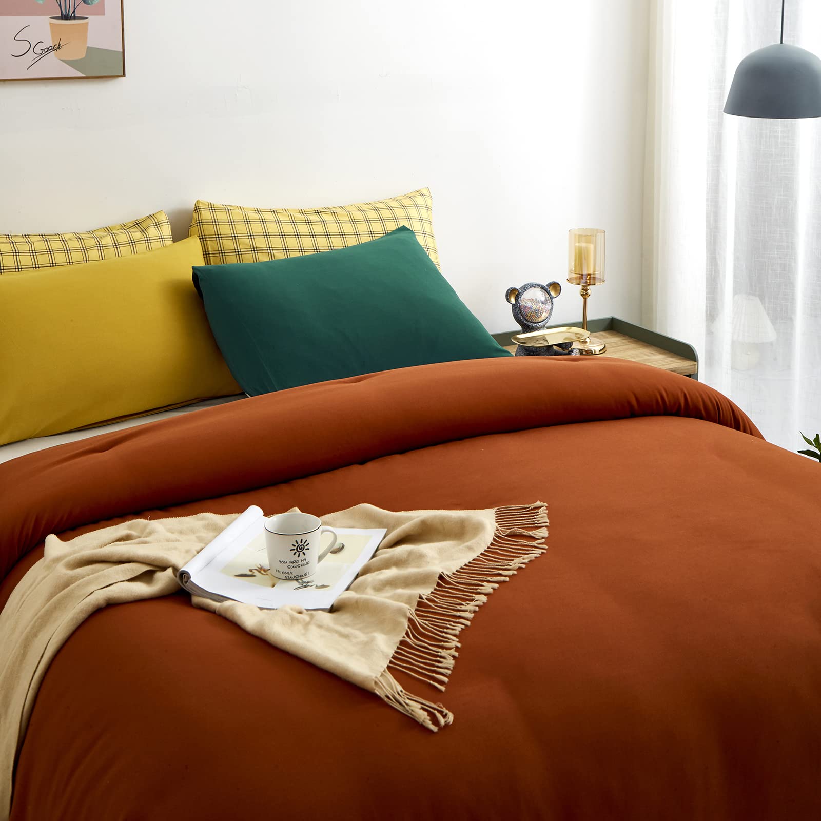 Luxlovery Rust Comforter Set California King Burnt Orange Bedding Comforter Set Caramel Bedding Set Solid Color Rust Orange Bedd