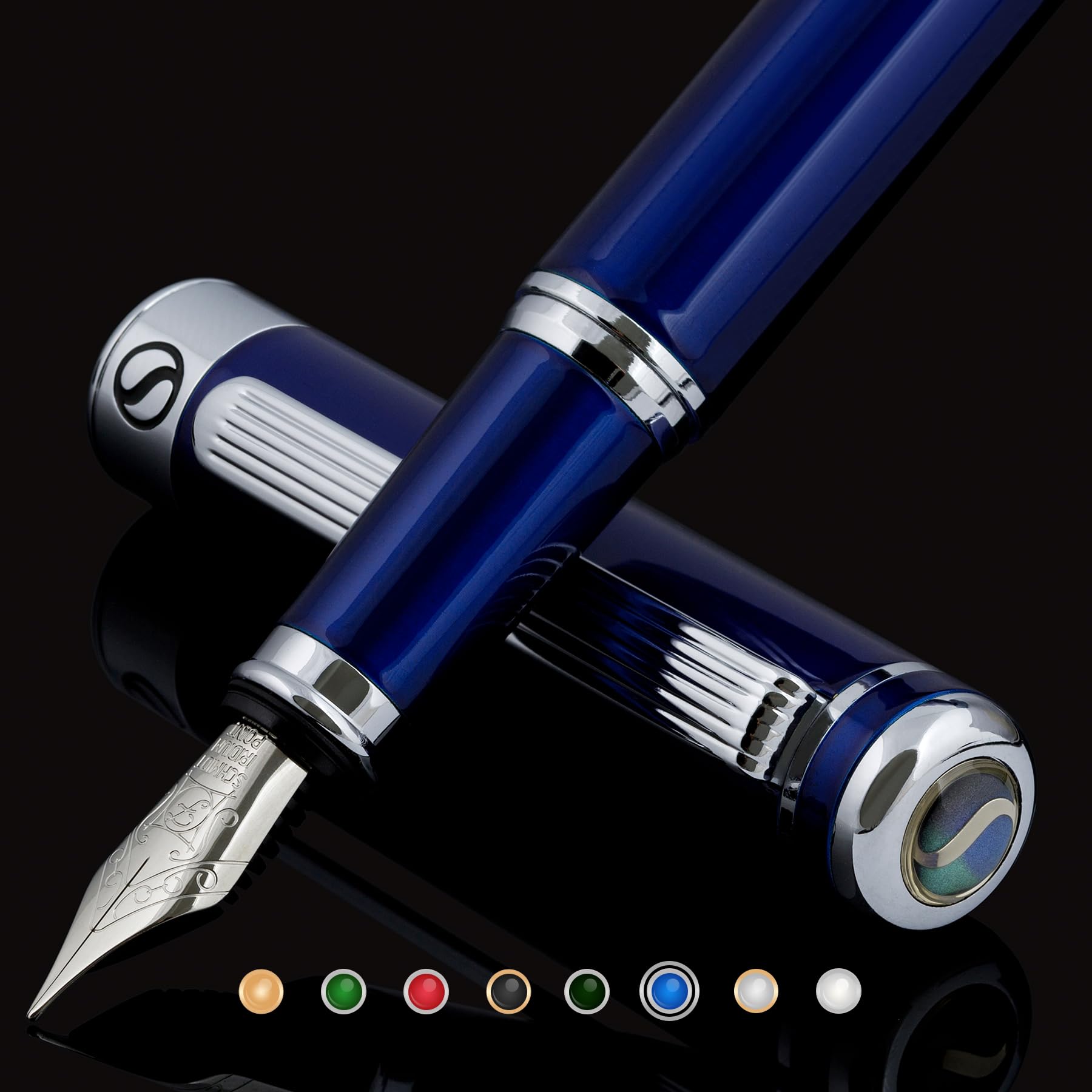 Scriveiner Midnight Blue Fountain Pen - Stunning Luxury Pen With Chrome Appointments, Schmidt Nib (Fine), Best Pen Gift Set For