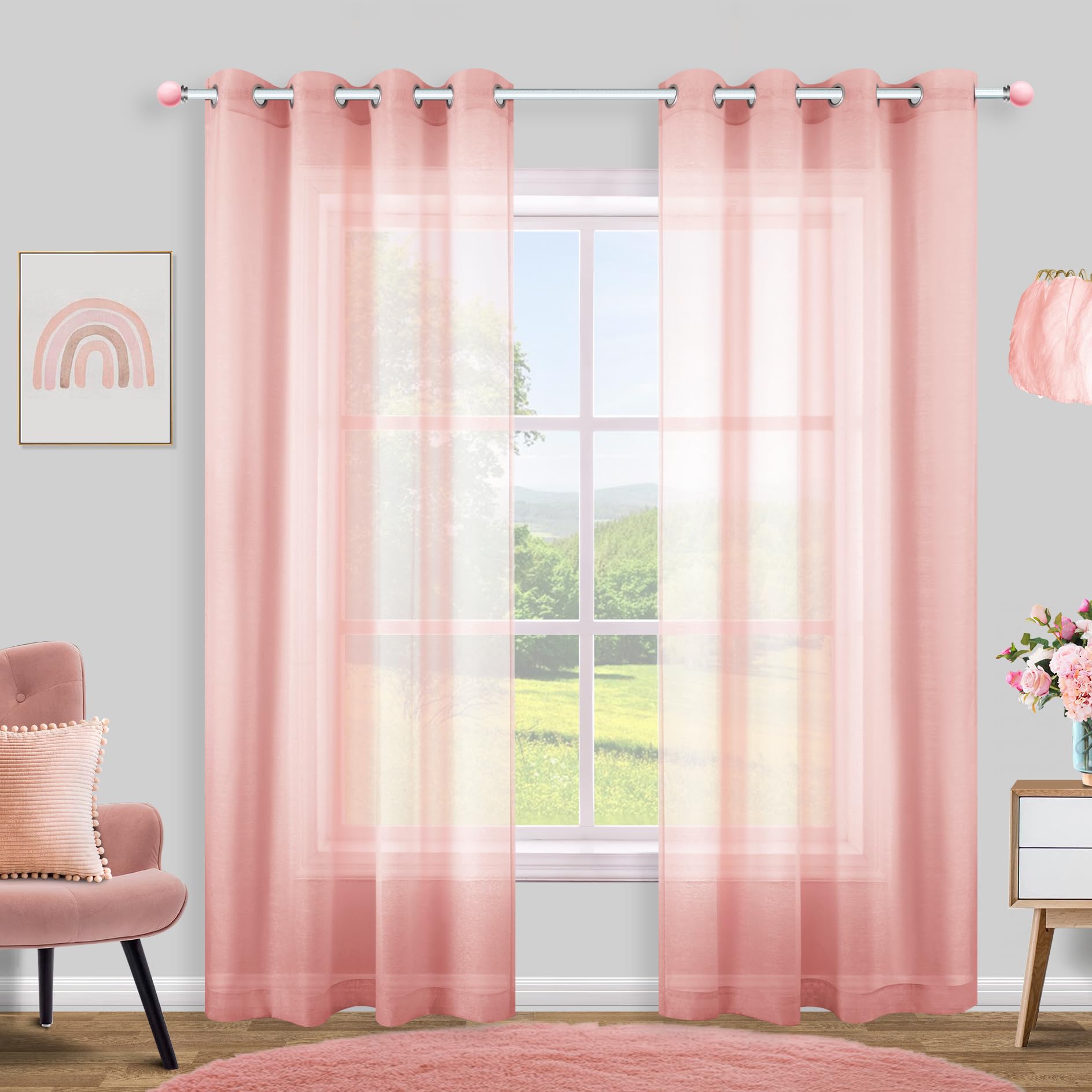 Sheer Pink Curtains 2 Panels 84 Inches Long Grommet Window Voile Drape Transparent Faux Linen Semi Sheer Curtain for Bedroom Gir