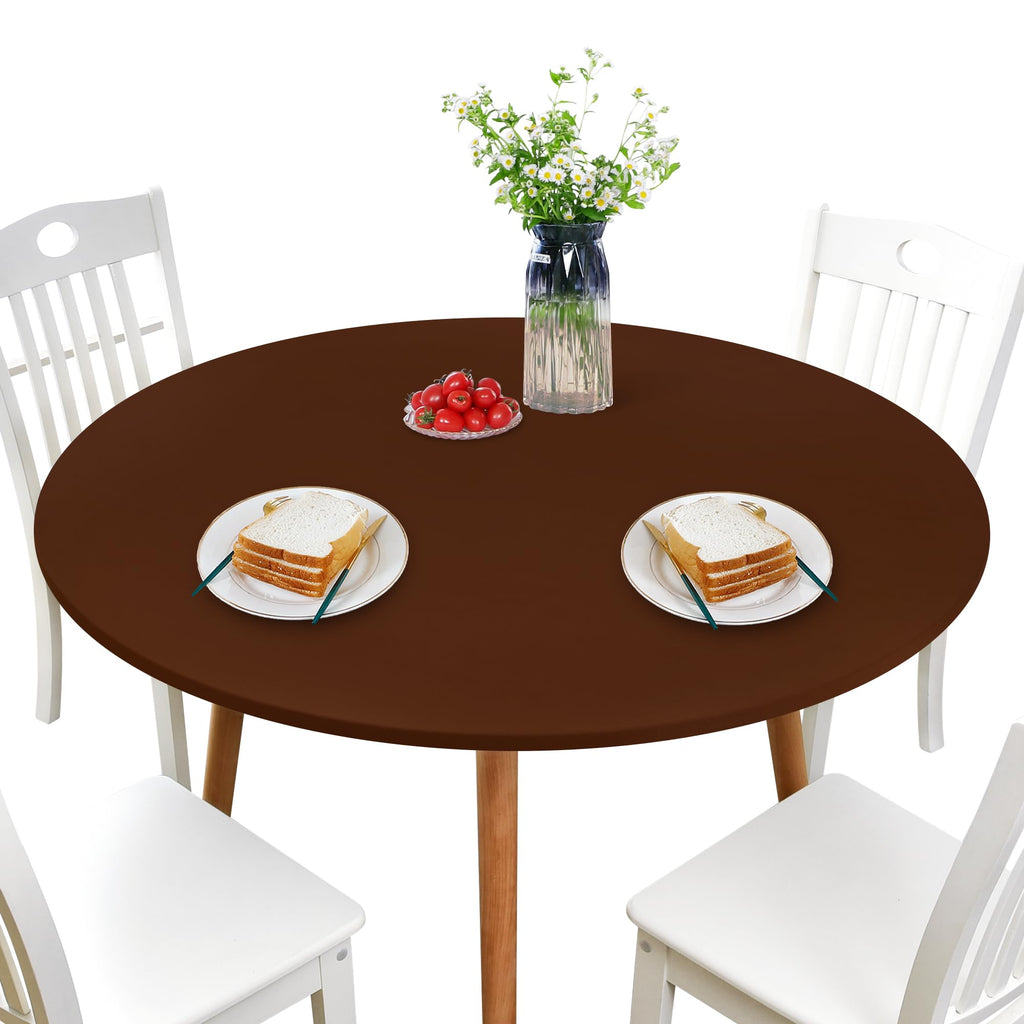 Newisher Round Fitted Table Cover Spandex Stretch Tablecloth Brown Table Top Cover With Elastic Edged For Dining Picnic Patio 60 Inch