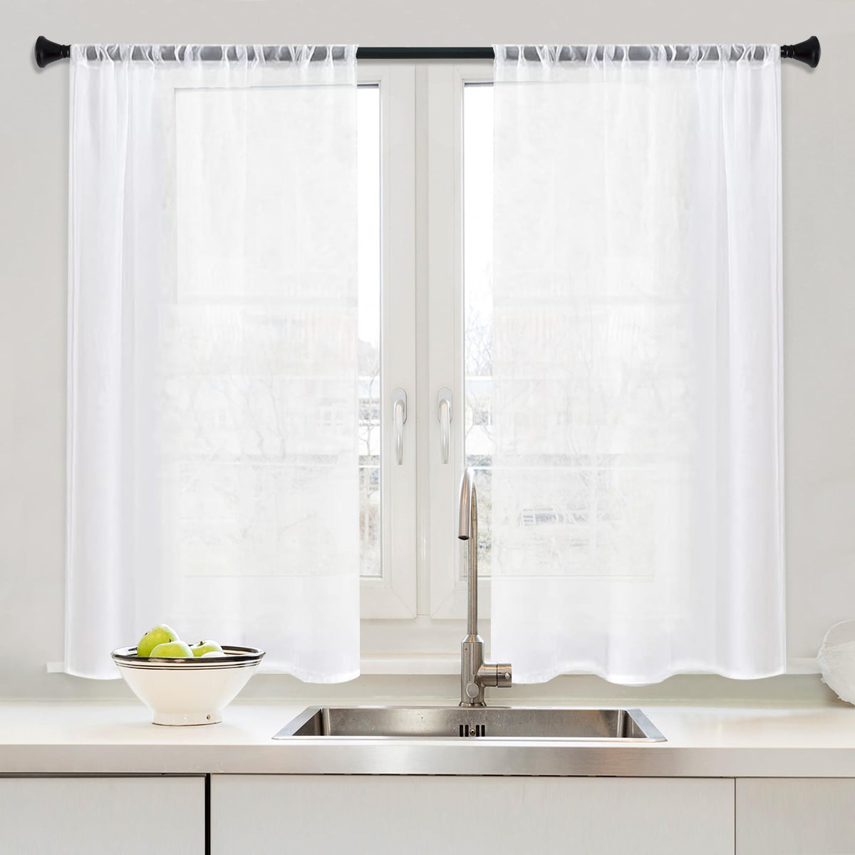 Mrtrees White Sheer Tier Curtains 40 Inches Long 2 Panels Set Small Half Window Kitchen Curtains, Light Filtering Rod Pocket Voi