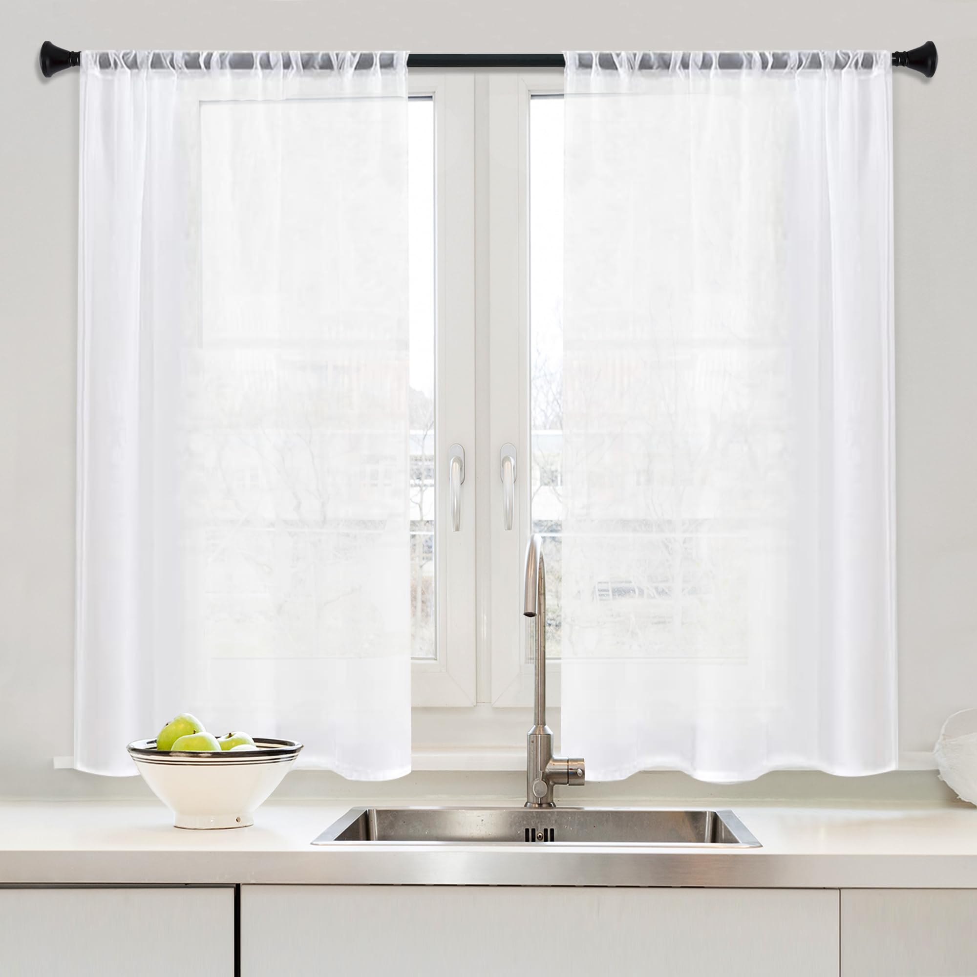 Mrtrees White Sheer Tier Curtains 40 Inches Long 2 Panels Set Small Half Window Kitchen Curtains, Light Filtering Rod Pocket Voi