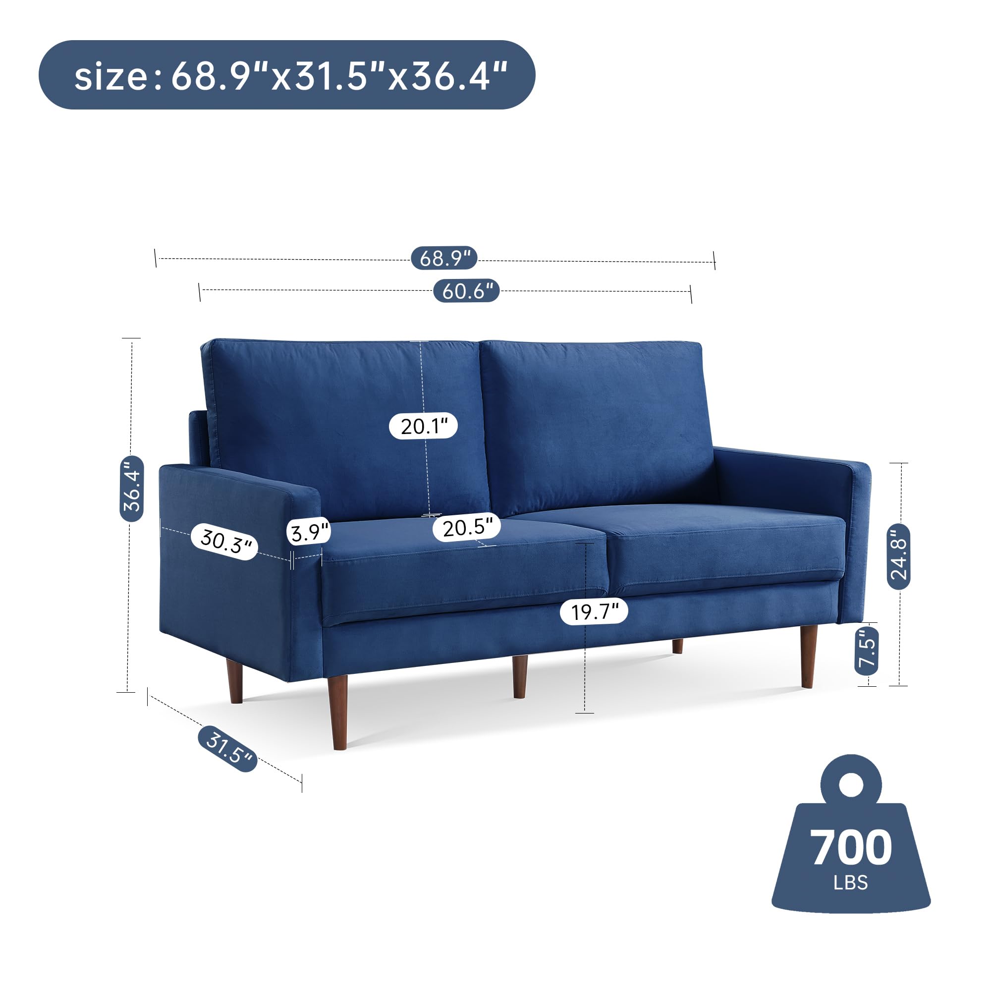 American Furniture Classics Blue 69 Inch Wide Upholstered Two Cushion Sofa with Square Arms Velvet, 69" x 32" x 37"