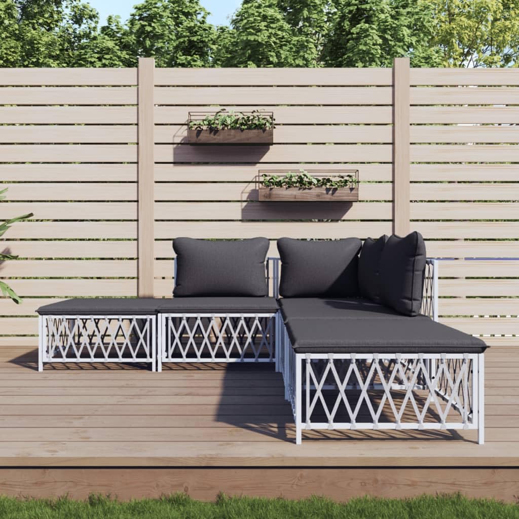 vidaXL Patio Furniture Set 5 Piece, Sectional Sofa with Cushions, Patio Lounge Set for Garden Lawn Backyard, Outdoor Patio Furniture, White Steel