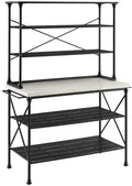 Crosley Furniture Madeleine Kitchen Island And Hutch With Shelves For Storage, Microwave Stand, Coffee Bar, Steel With Faux Marble Top