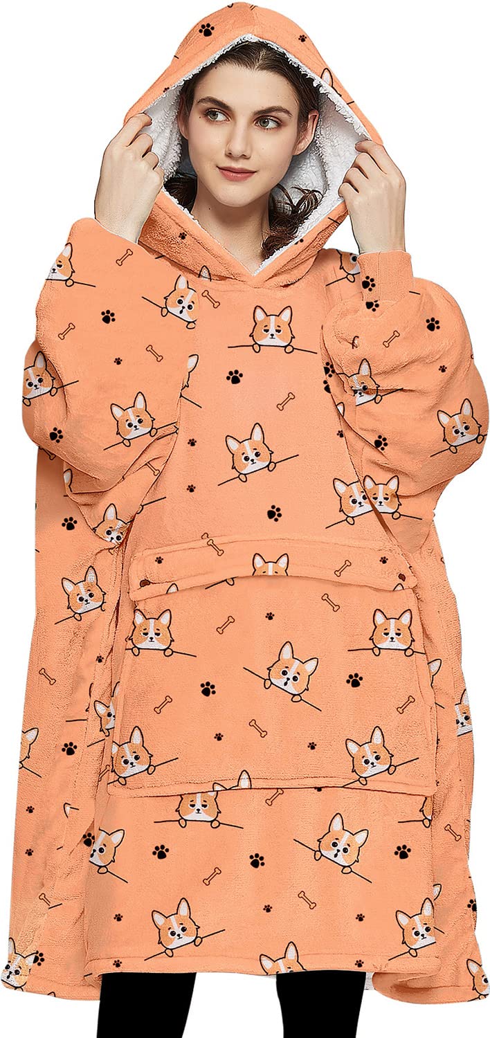 Kfubuo Wearable Blanket Hoodie For Adults Sherpa All Patterns Dog Oversized Sweatshirt Blanket With Pockets Cute Hoodies Gifts F
