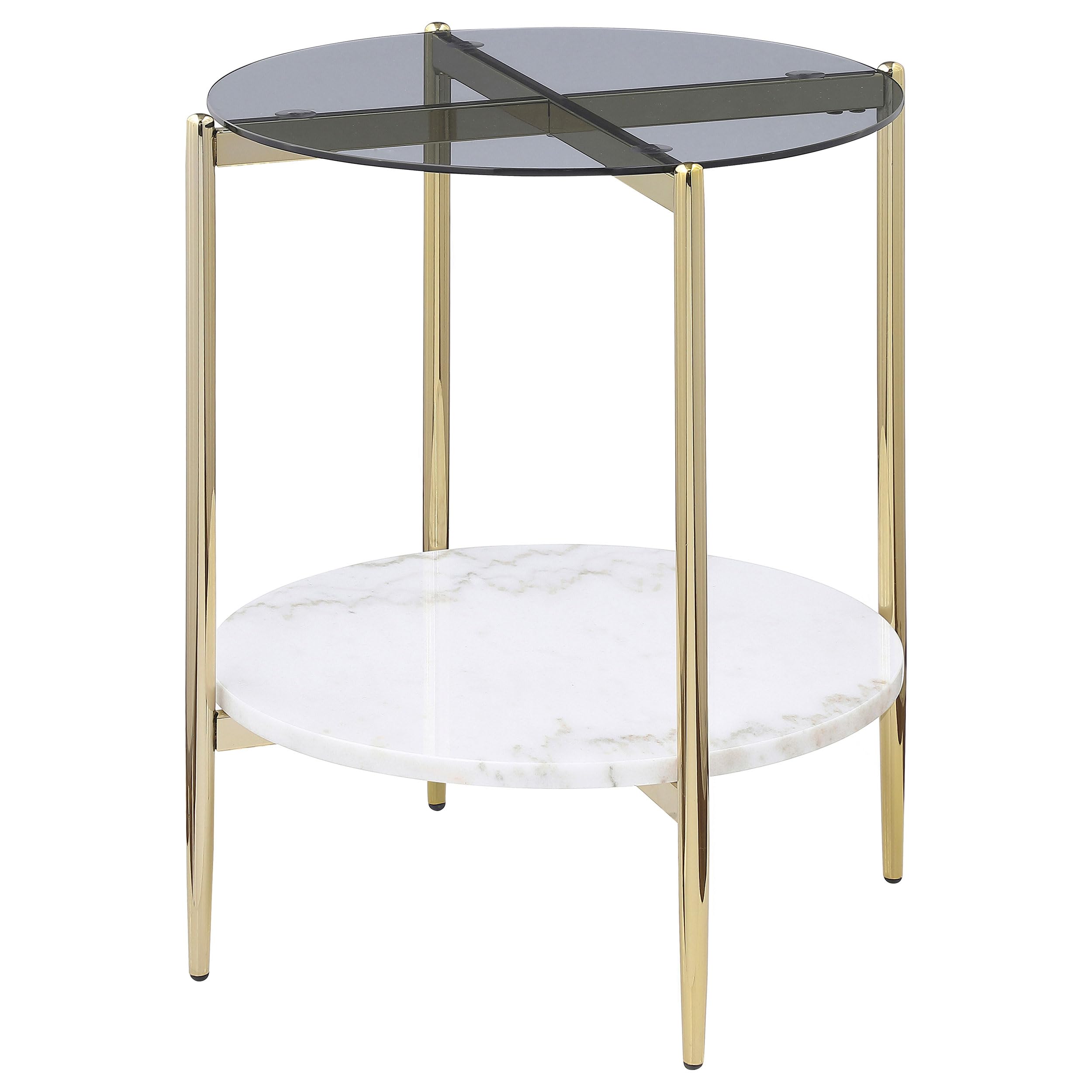 Coaster Home Furnishings Jonelle Round Glass Top End Table White Marble Shelf Gold