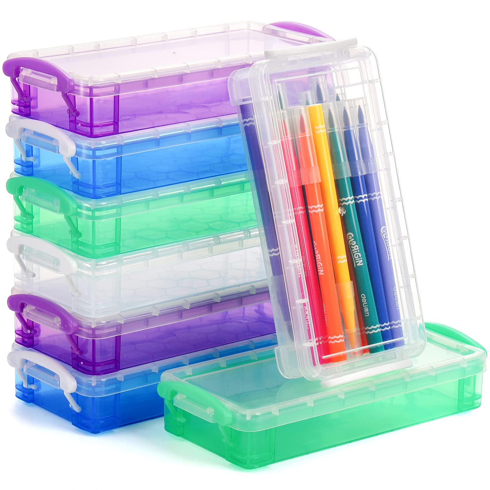 Nicunom 8 Pack Plastic Pencil Boxs, Large Capacity Pencil Case Boxes, Kids Pencil Case, Crayon Box With Snap-Tight Lid, Art Craf