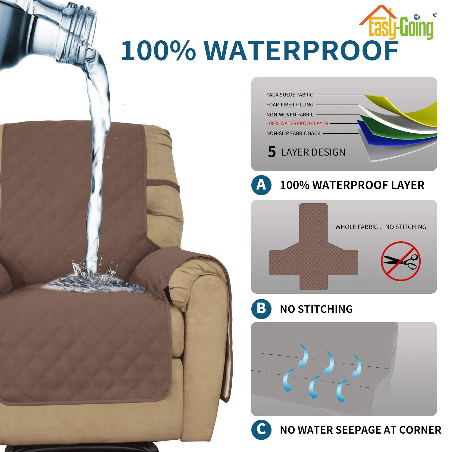 Easy-Going Sofa Slipcover Waterproof Recliner Chair Cover Non-Slip Fabric Couch Cover For Living Room Washable Furniture Protector For Pets Kids Children Dog Cat (Recliner, Brown)