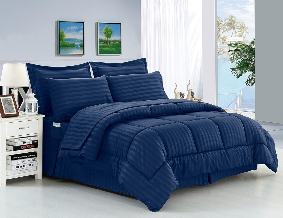 Elegant Comfort Wrinkle Resistant - Silky Soft Dobby Stripe Bed-In-A-Bag 8-Piece Comforter Set - Full/Queen, Navy Blue