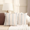 Aels 16X16 Decorative Farmhouse Linen Throw Pillow Covers, Boho Textured Pillow Case, Set Of 2, Beige With White & Navy Blue Sti